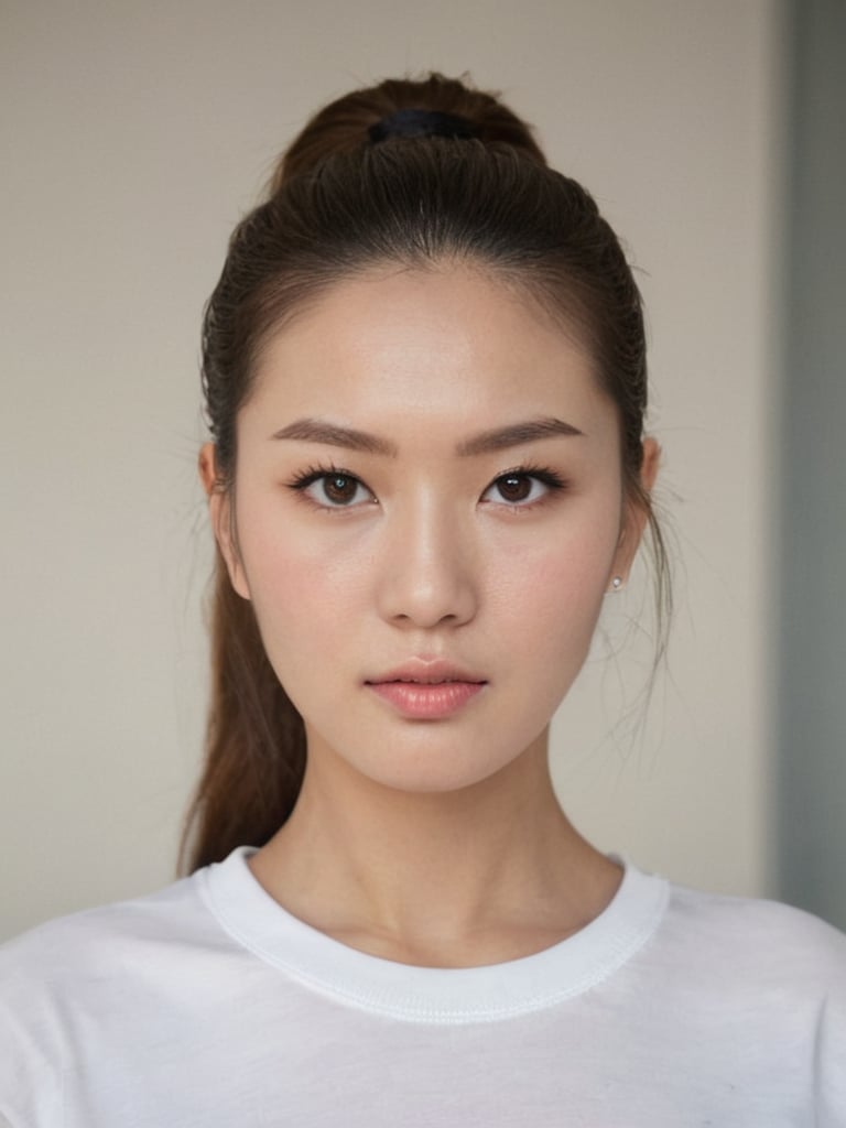 pretty french mix korean girl, 30 years old. Average body, bright honey eyes with sharp size, full lips, long eyelashes. Black, ponytail, soul and spiritual mentor. T-Shirts,cinematic,photorealistic,masterpiece,1 girl ,best quality, sharp_nose