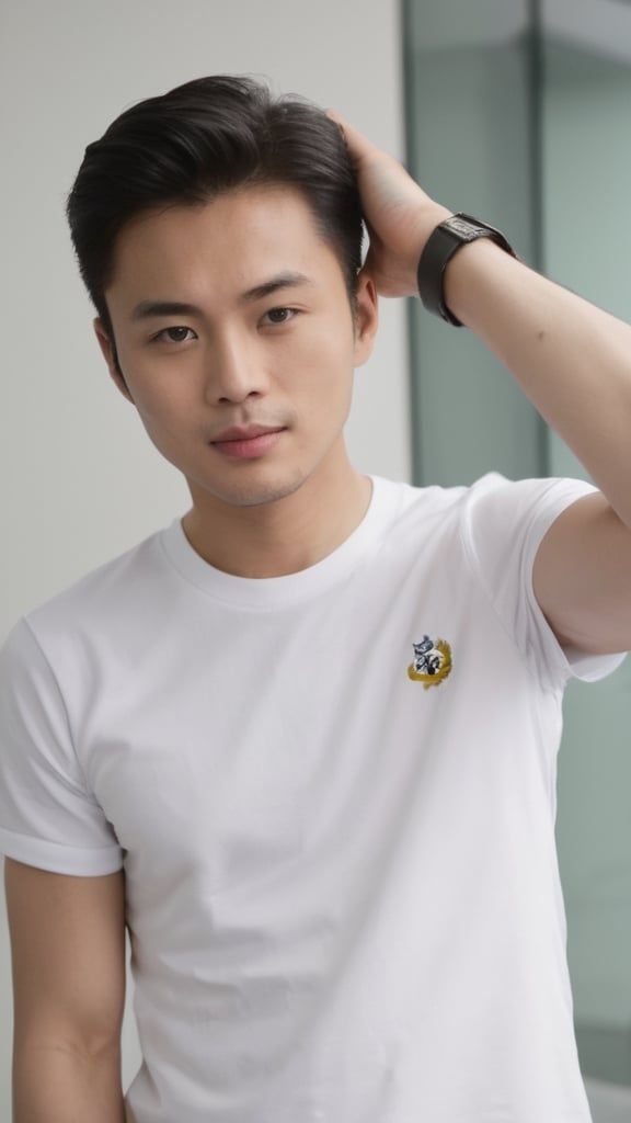 good_looking, chinese mix british guy, 35 years old, average_body, bright_honey_eyes_normal size, full_lips, long_eyelashes, black_undercut_side_part_gelled hair, soul_spiritual_mentor, full_body, doctor_T-Shirts