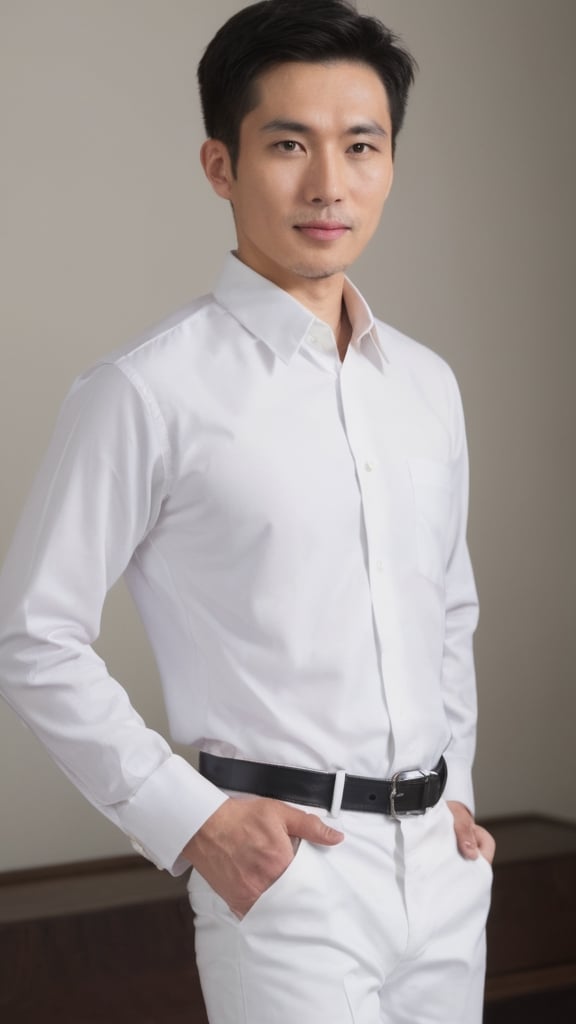 Chinese mix Japanese guy, 35 years old, average_body, bright_honey_eyes_normal size, full_lips, long_eyelashes, black_undercut_side_part_gelled hair, Immunonutritionist_lecturer, soul_spiritual_mentor, smart, full_body, doctor_suits