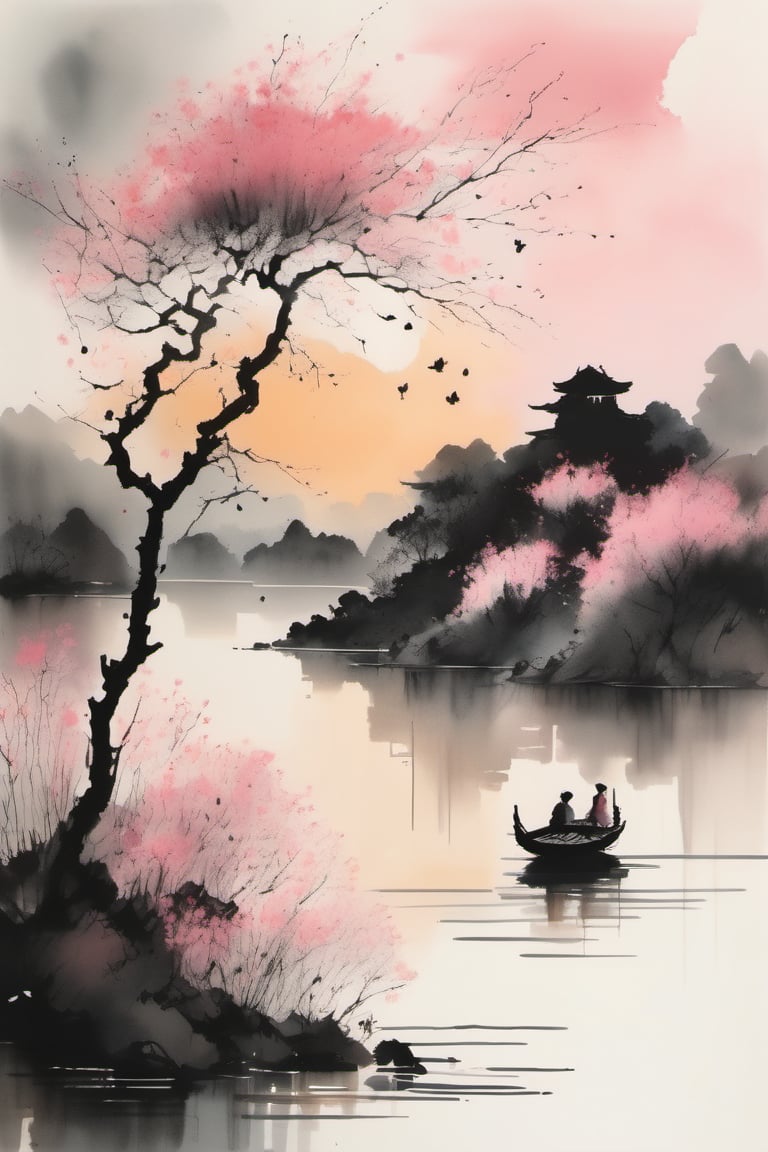 ink scenery, no humans, lake, trees, sunset, muted colors, blooming branches with pink flowers, flowers fall on the water, lotus flower on the water, lake in the middle of the forest, negative space, chinese ink drawing