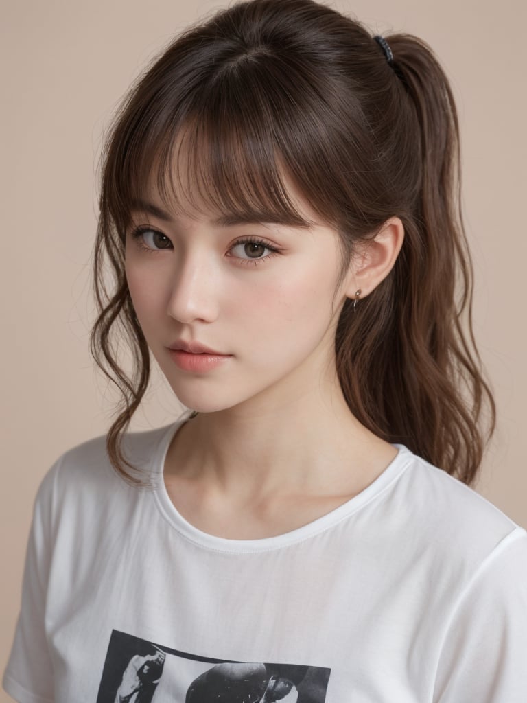 beautiful korean mix french girl, 30 years old. Average body, bright honey eyes with sharp size, full lips, long eyelashes. Black, ponytail, soul and spiritual mentor. T-Shirts,cinematic,photorealistic,masterpiece,1 girl ,best quality, sharp_nose, half_body,enchant3d