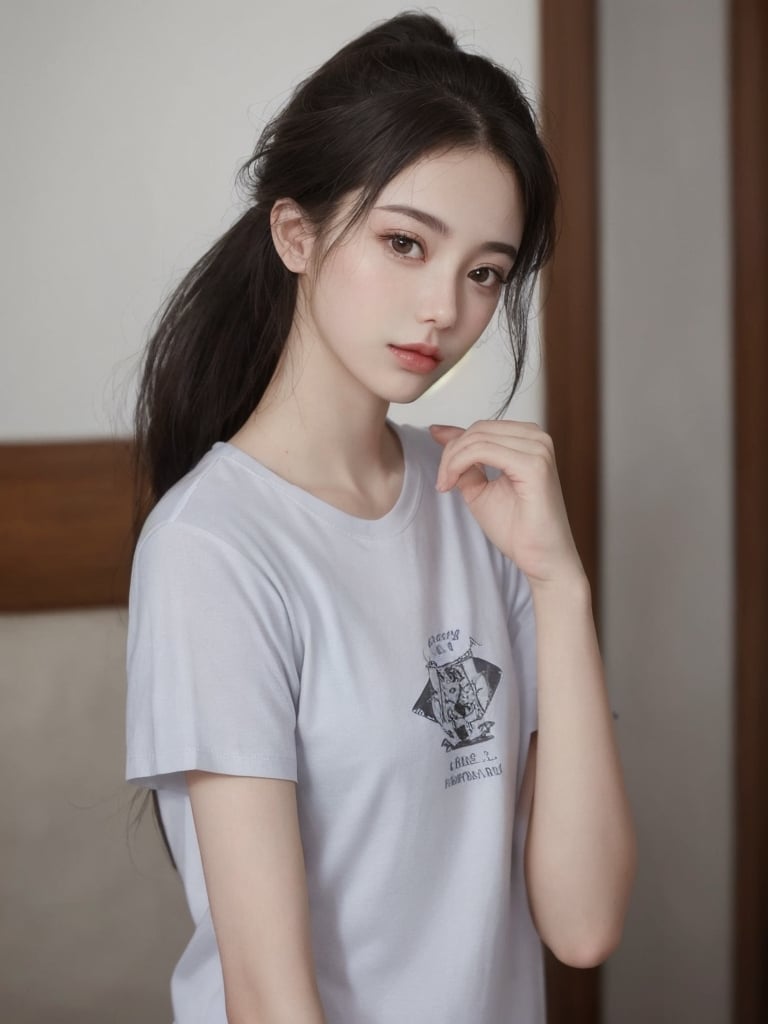 pretty korean mix french girl in malaysia, 30 years old. Average body, bright honey eyes with sharp size, full lips, long eyelashes. Black, ponytail, soul and spiritual mentor. T-Shirts,cinematic,photorealistic,masterpiece,1 girl ,best quality