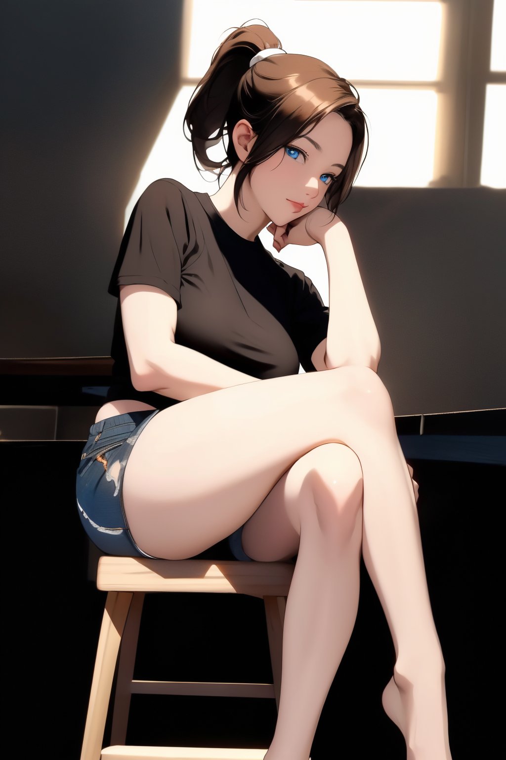 1girl, solo, from side,  ponytail hair, small breasts, looking at the viewer, brown eyes, realistic brown hair, (parted mouth:1.4), Black tee-shirt, black micro-shorts, sitting on a stool, (crossed-legs:1.5), long slender legs, beautiful feets, bokeh background, , realistic, masterpiece, best quality, photorealistic, high resolution,blue eyes,realistic hands, mature female