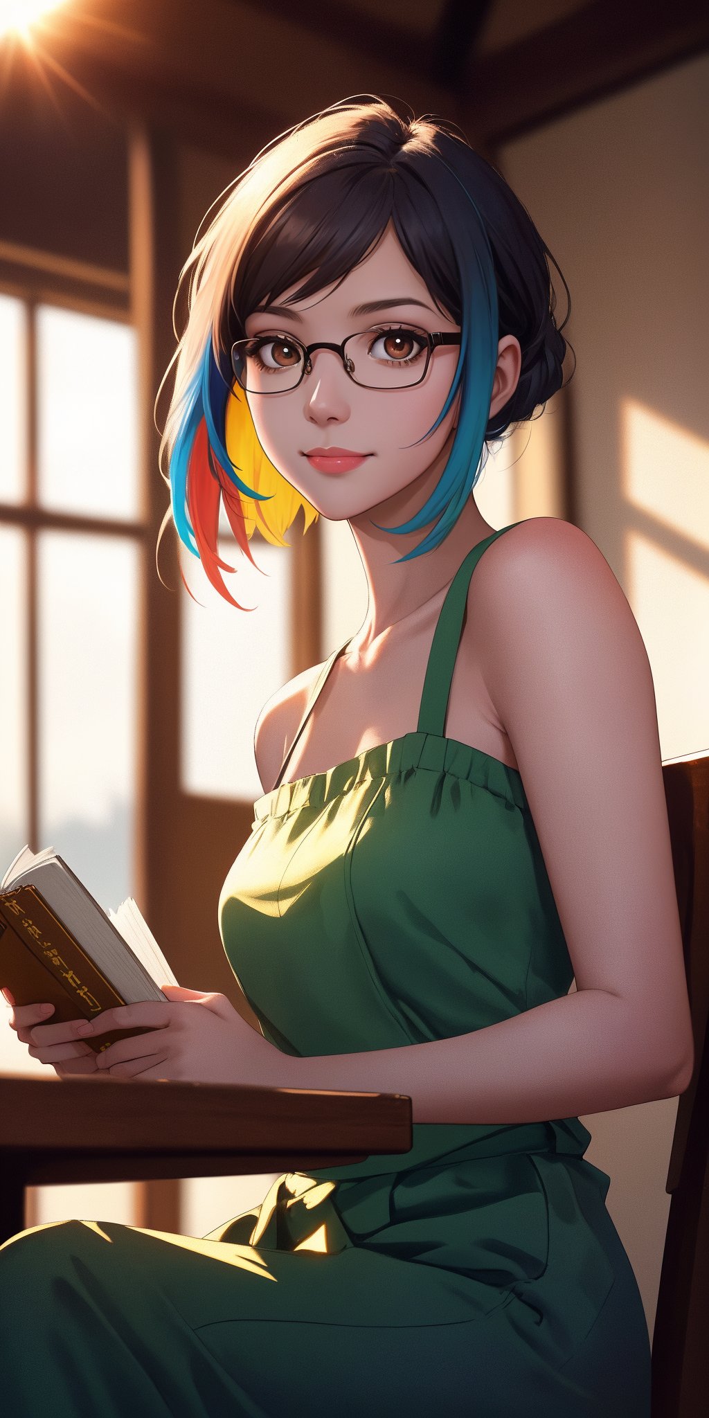 Our 20-year-old Japanese girl, with big brown eyes,  glasses, bob hair, and a shy smile, sits in the cozy cafe. She wears a (string top:1.3), showcasing beautiful shoulders. Realistic hair. Detailed hair. The cinematic light casts a warm glow on her as she reads a captivating book or writes in her journal. The ultra-detailed 8K digital painting captures this serene moment, inviting viewers to imagine the story behind those expressive eyes. beautiful
This should be a ((masterpiece)) with a ((best_quality)) in ultra-high resolution, both ((4K)) and ((8K)), incorporating ((HDR)) for vividness. It uses a ((Kodak Portra 400)) lens for timeless, professional quality. Emphasizes a ((blurred background)) with a touch of ((bokeh)) and ((lens flare)) for an artistic effect. Enhance ((vibrant colors)) for a vivid look. Make sure the photograph is ((ultra-detailed)) and shows ((absurd)) details. Pay special attention to capturing the ((beautiful face)) of the subject. The goal is to create a ((professional photograph)) that is visually stunning and technically excellent.,MeikoDef,Detail