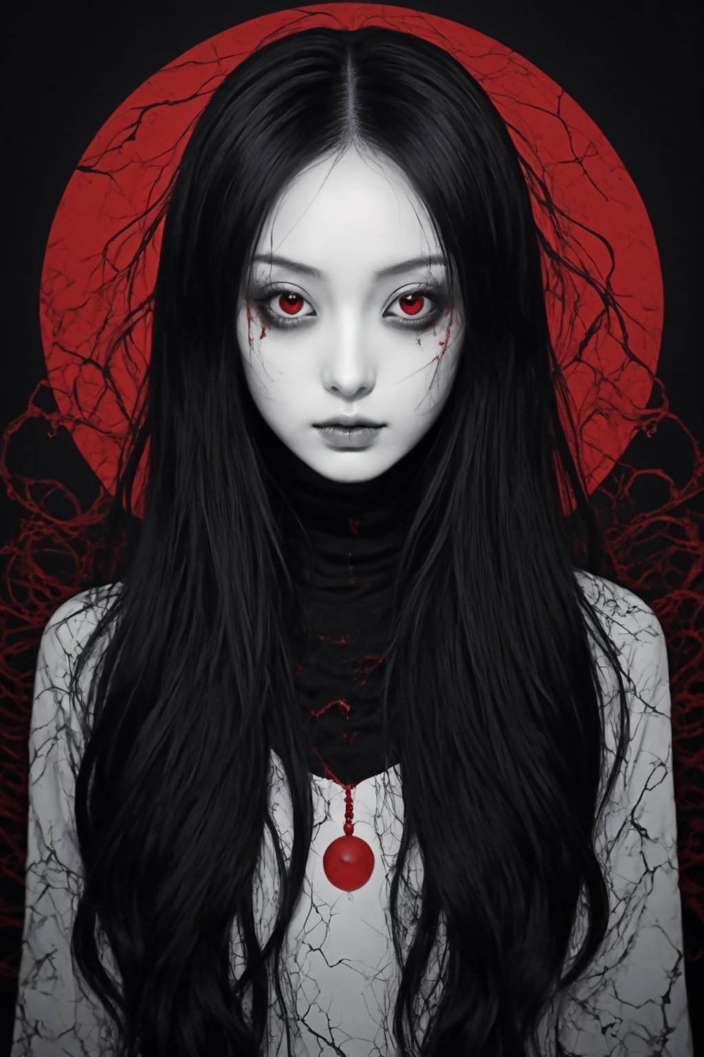  Junji Ito style, inspired horror illustration, ocreepy anime girl, long black hair, red eyes, gothic style, abstract background with red eyes, horror theme, black and white with red accents, intense gaze, unsettling atmosphere, manga art style