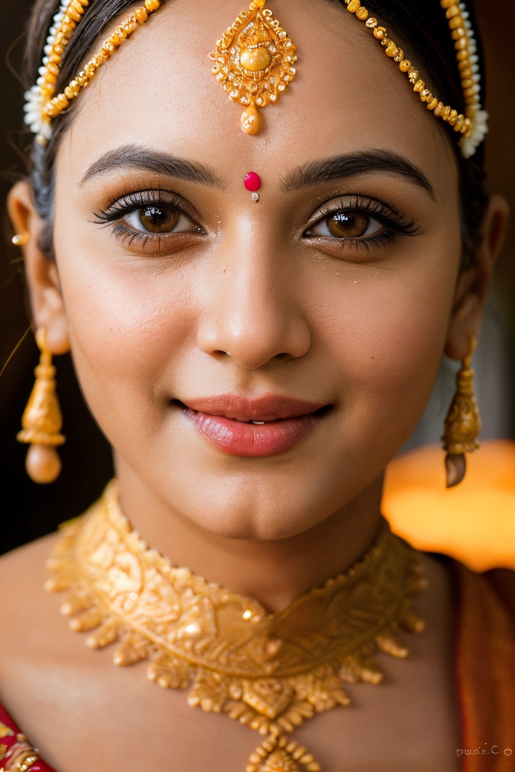 (best quality,4k,8k,highres,masterpiece:1.2),ultra-detailed,(realistic,photorealistic,photo-realistic:1.37),beautiful indian woman,close-up portrait,expressive eyes,long eyelashes,radiant smile,vibrant traditional attire,ornate jewelry,soft and glowing skin,subtle makeup,intricate henna design,graceful pose,golden hour lighting,colorful background,ethereal beauty,warm color tones,bokeh