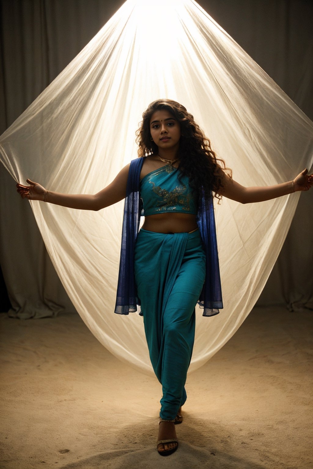 22 year old indian woman,  thick waist, long curly brown hair, futuristic dress, bioluminescence, bio suite, , front view, movie scene, cinematic, high-quality, ultra-detailed, professionally color graded, professional photography.  ( hard light:1.2), (volumetric:1.2), well-lit, double exposure, award-winning photograph, dramatic lighting, dramatic shadows, illumination, long shot, wide shot, full body, at studio, smart watch on left hand, happy_face, Fast shutter speed, 1/1000 sec shutter, salwar, hand_up, sleeveless,18 year old girl,Athulya,1 girl,perfect,REALISTIC,20 year old girl,Curly hair women,th1nsh1rtng