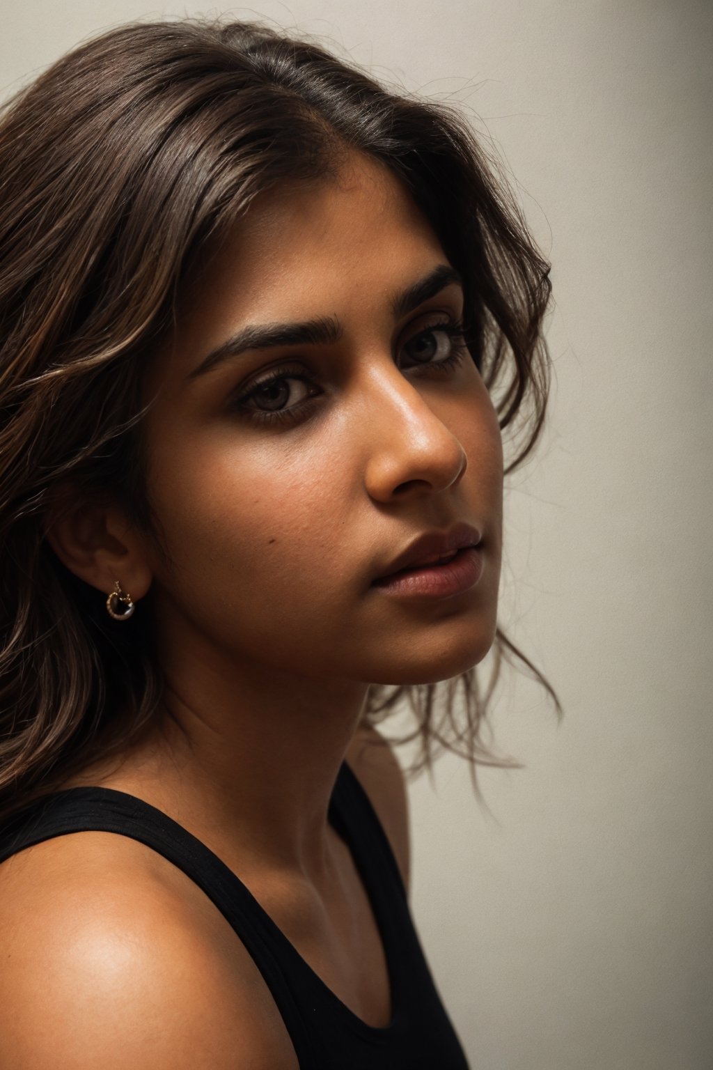 photo, rule of thirds, dramatic lighting, medium hair, detailed face, detailed nose, indian woman wearing tank top, with earing, brown attractive eyes,medium_breasts,
,realism,realistic,raw,analog,woman,portrait,photorealistic,analog,realism