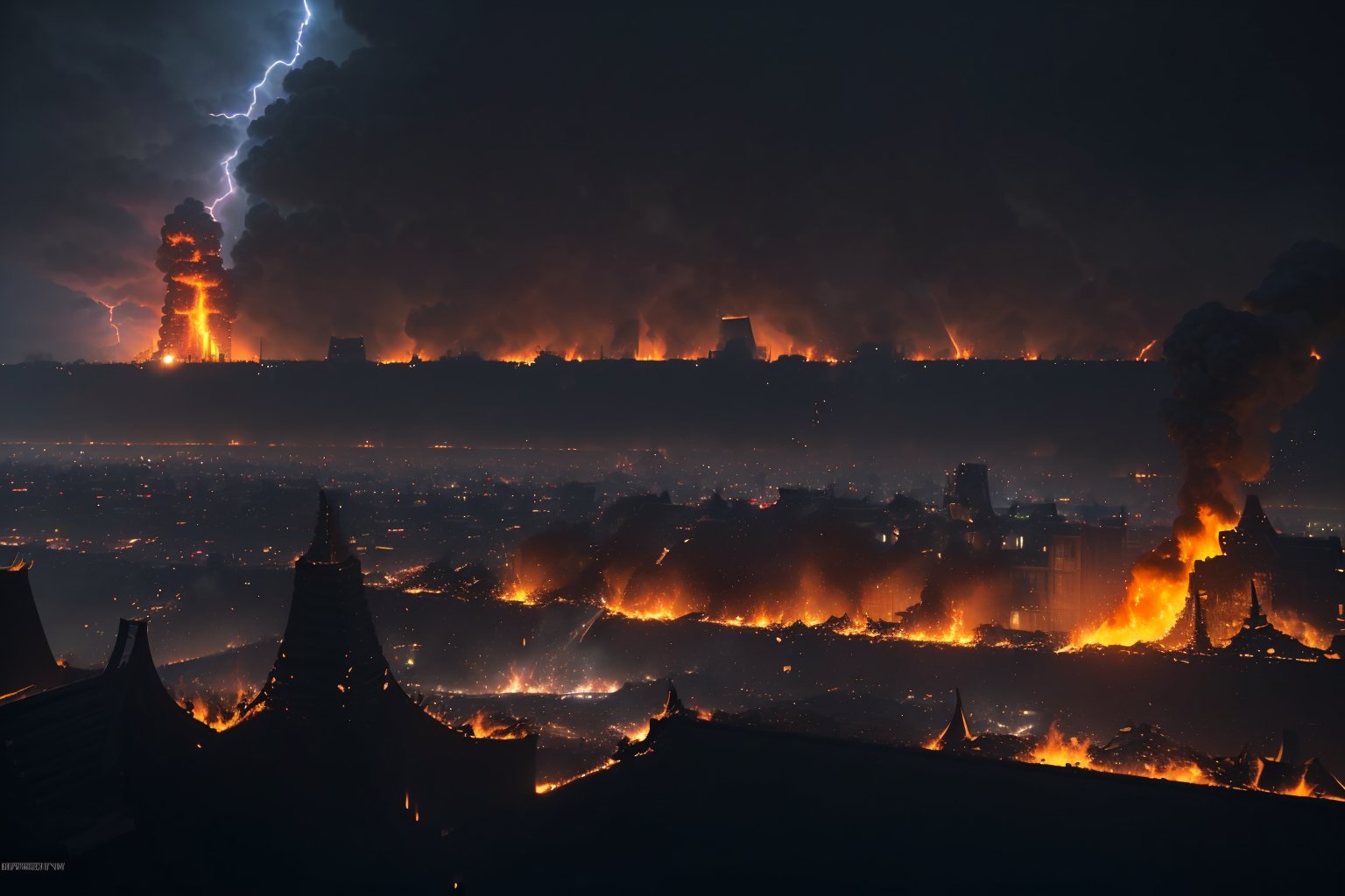 (((((Viewed_from_street:1.7))))),(((((dark_sky_with_lightning:1.7))))),(((((((burning_whole_Phnom_Penh_city_with_huge_larva_fire,ground_cracking,burning_buildings_falling_down:1.7))))))),4K cinematic quality reminiscent of an epic Steven Spielberg movie still, sharp focus on emitting diodes, smoke tendrils, artillery-induced sparks, with detailed racks and a motherboard evoking Pascal Blanche and Rutkowski Repin’s ArtStation hyperrealism, matte painting, character design detailed in the style of "Blade Runner," octane rendering