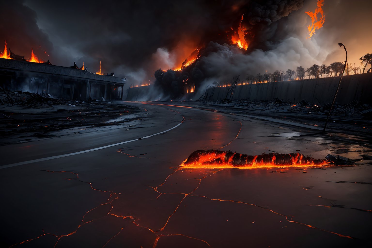 (((((Establishing_shot:1.7))))),(((((red_sky:1.5))))),(((((satanic_symbols:1.7))))),(((((((burning_whole_Phnom_Penh_city_with_huge_larva_fire,road_cracking,apocalypse:1.7))))))),4K cinematic quality reminiscent of an epic Steven Spielberg movie still, sharp focus on emitting diodes, smoke tendrils, artillery-induced sparks, with detailed racks and a motherboard evoking Pascal Blanche and Rutkowski Repin’s ArtStation hyperrealism, matte painting, character design detailed in the style of "Blade Runner," octane rendering, ultra-realistic.,worldoffire,(blue:1.5),(red:1.5)