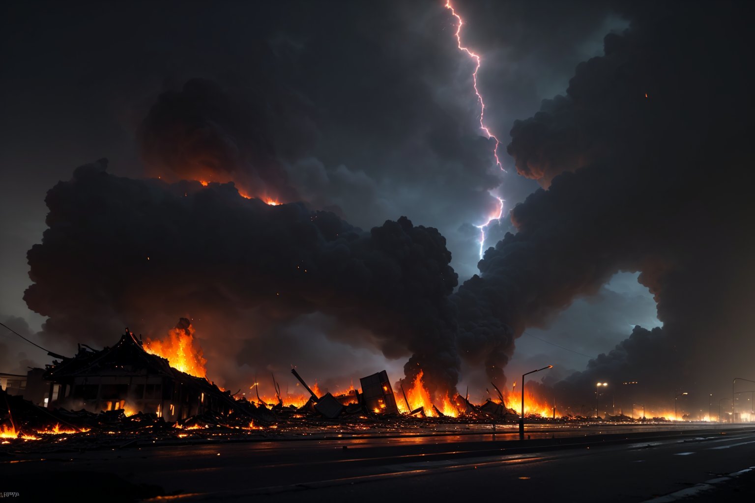 (((((Viewed_from_street:1.7))))),(((((dark_sky_with_lightning:1.7))))),(((((((burning_whole_Phnom_Penh_city_with_huge_larva_fire,ground_cracking,burning_buildings_falling_down:1.7))))))),4K cinematic quality reminiscent of an epic Steven Spielberg movie still, sharp focus on emitting diodes, smoke tendrils, artillery-induced sparks, with detailed racks and a motherboard evoking Pascal Blanche and Rutkowski Repin’s ArtStation hyperrealism, matte painting, character design detailed in the style of "Blade Runner," octane rendering