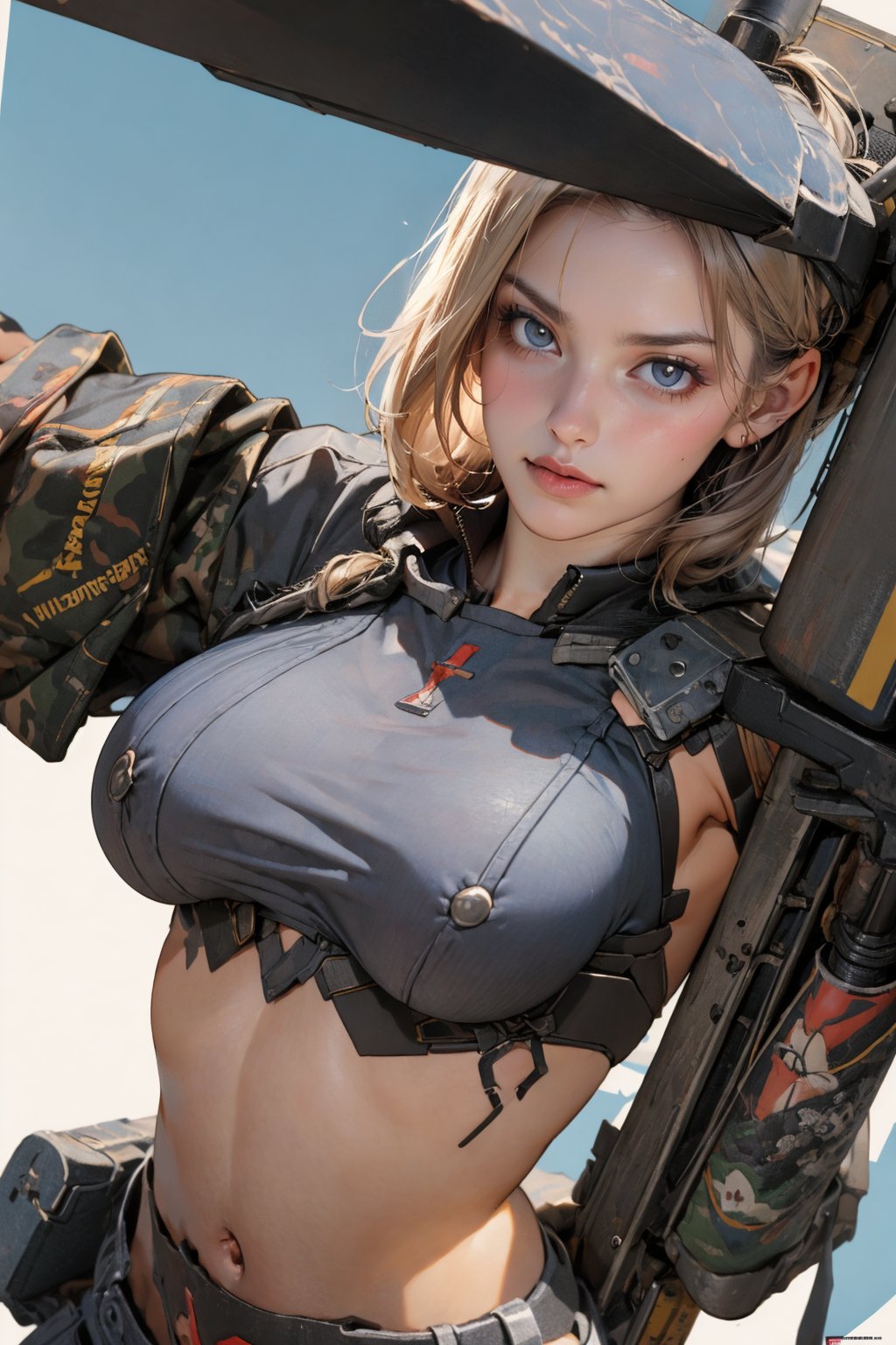 (masterpiece, best quality, hires, high resolution:1.2), (extremely detailed, realistic, high contrast, highres), 3d, cg, sexy_mature_woman, ((nsfw, breasts_out, Detailed_face)), (brutalist style:1.8), (((wearing military uniform, robot, cannon, mechinegun, tank, missile, Rocket launcher, SMAW, science fiction, Delta Force, Army_Equipment))), Military camouflage, muscular, abs, shiny_skin, light_skin, perfect_hands, (cinematic lighting, sunlight, volumetric), looking at viewer, eye-level shot, (close_up:1.3), simple Indigo background, vintage fantasy, 1960s \(style\), film grain, (atompunkstylesd15:1.0), (soviet poster:1.4), ruanyi0214, ruanyi0220, wearing heavy gear, weapon on shoulder, (dynamic pose:1.4), female action poses, Military,ruanyi0402