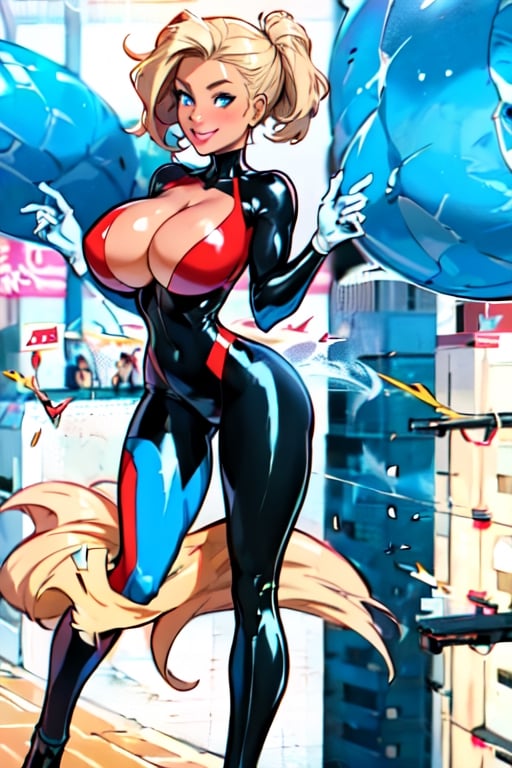 comic page, Full body, a beautiful girl, smile , natalee, blonde hair, blue eyes, flying , latex_suit ( Blue, red, white ),comicmay artsyle