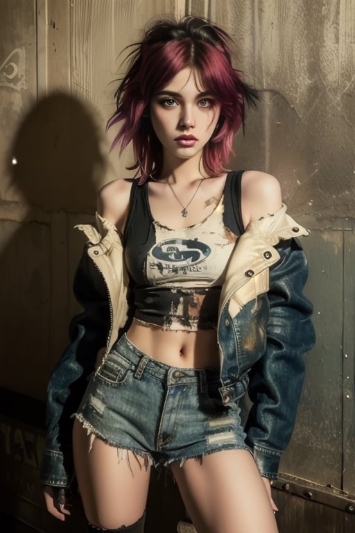 (masterpiece, best quality, highres:1.3), ultra resolution image, (1girl), (solo),  full body, very long hair, slanted eyes,Thin nose, Grunge style beautiful woman . Textured, distressed, vintage, edgy, punk rock vibe, dirty, noisy