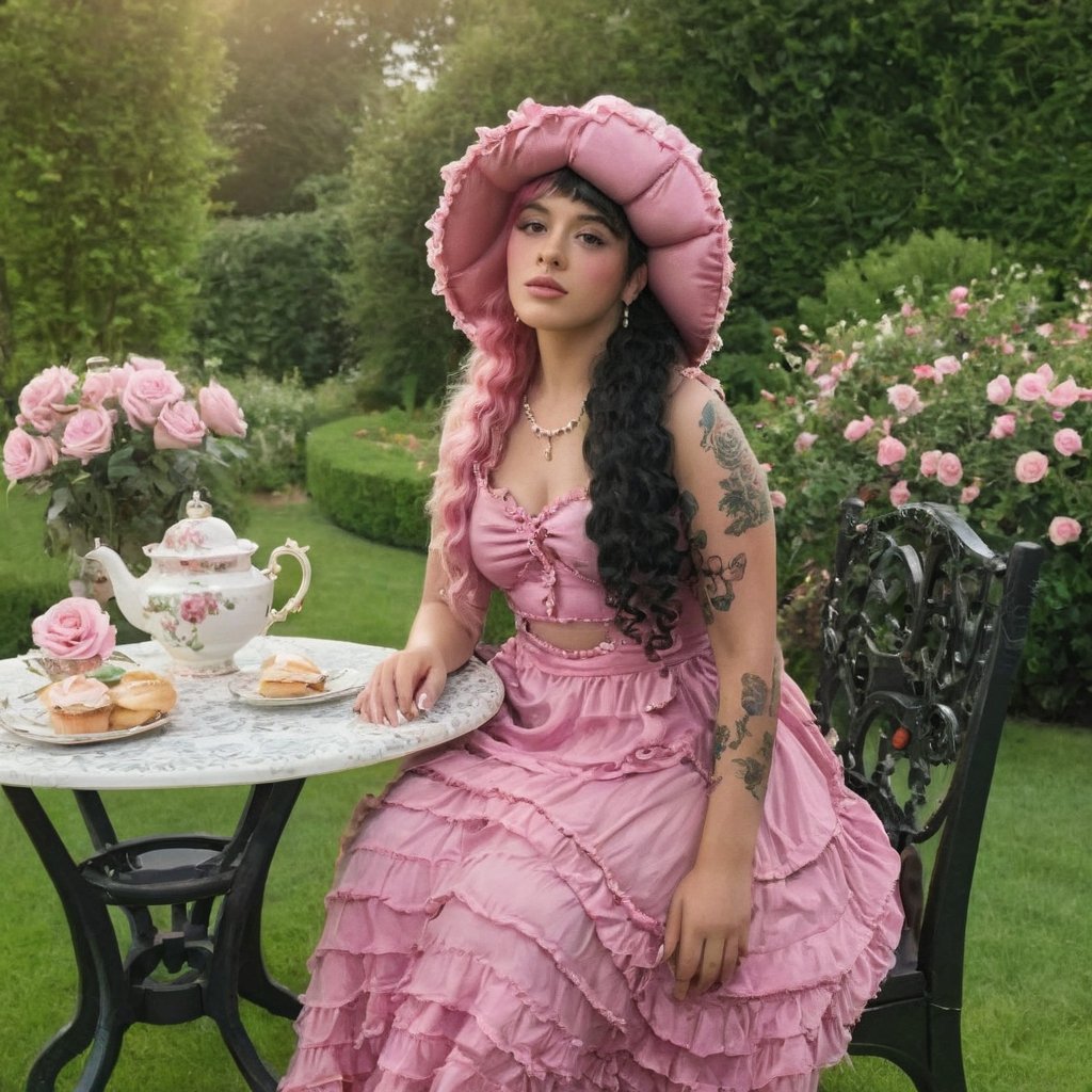 a girl who is sitting at a table ready for a tea hour, she along with the chairs and table is outside so in the background there is a beautiful garden with flowers, she wears a pink dress and a pink hat that matches her dress, the girl has fluffy pink and black hair ,black split dye, 4k, 18k, hairstyle, perfect face, After School, Melanie, Adele, Long hair, masterpiece high quality 18K, Hyperrealism, Realistic vision, rosy cheeks, realistic woman, a girl, Woman, best quality, woman, high quality, good lighting, A woman, with split hair, After School, girl, beauty, a girl who is sitting at a table ready for a tea hour, she along with the chairs and table is Outside, in the background there is a beautiful garden with flowers, she wears a pink dress and a pink hat that matches her dress, she has pink and black curly fluffy hair, black split dye, garden, tea time, elegant table , elegant chairs, elegant tea cups and roses, garden, flowers, bushes, pink, elegant, tea time in the garden