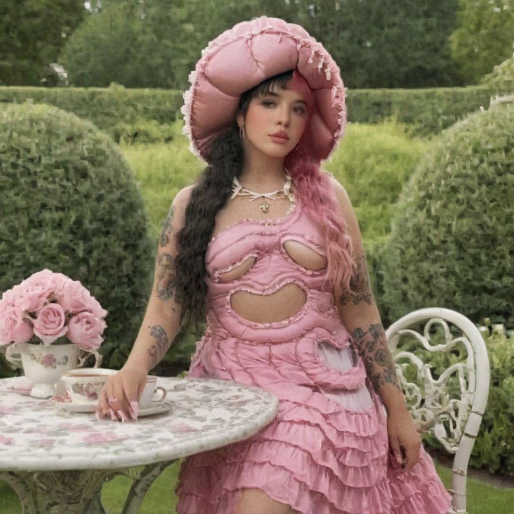 a girl who is sitting at a table ready for a tea hour, she along with the chairs and table is outside so in the background there is a beautiful garden with flowers, she wears a pink dress and a pink hat that matches her dress, the girl has fluffy pink and black hair ,black split dye, 4k, 18k, hairstyle, perfect face, After School, Melanie, Adele, Long hair, masterpiece high quality 18K, Hyperrealism, Realistic vision, rosy cheeks, realistic woman, a girl, Woman, best quality, woman, high quality, good lighting, A woman, with split hair, After School, girl, beauty, a girl who is sitting at a table ready for a tea hour, she along with the chairs and table is Outside, in the background there is a beautiful garden with flowers, she wears a pink dress and a pink hat that matches her dress, she has pink and black curly fluffy hair, black split dye, garden, tea time, elegant table , elegant chairs, elegant tea cups and roses, garden, flowers, bushes, pink, elegant, tea time in the garden