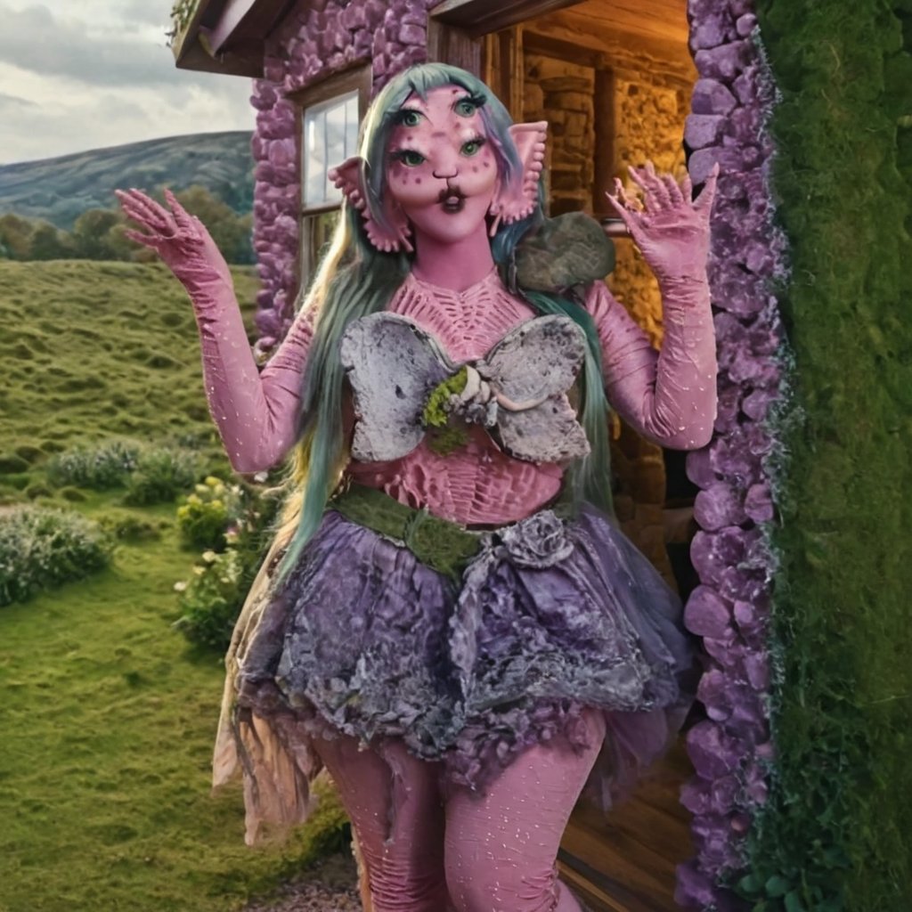 Pink and purple makeup, gorgeous makeup, A girl in front of the cottages window, throwing rocks out of the window, A girl in front of the cottages window, throwing rocks out of the window, High quality, long train skirt, galaxy00, pink skin, four eyes, Full body, a girl, silver green hair, cured and detailed outfit, her hair is long and wavy, her hair is long, 4k, 18k, hairstyle, perfect face, Melanie, Adele, Long hair, masterpiece high quality 18K, Hyperrealism, Realistic vision, rosy cheeks, realistic woman, a girl, Woman, best quality, woman, high quality, good lighting, A woman,galaxy00, Long hair, Pink skin, four eyes, Fancy , model, A woman