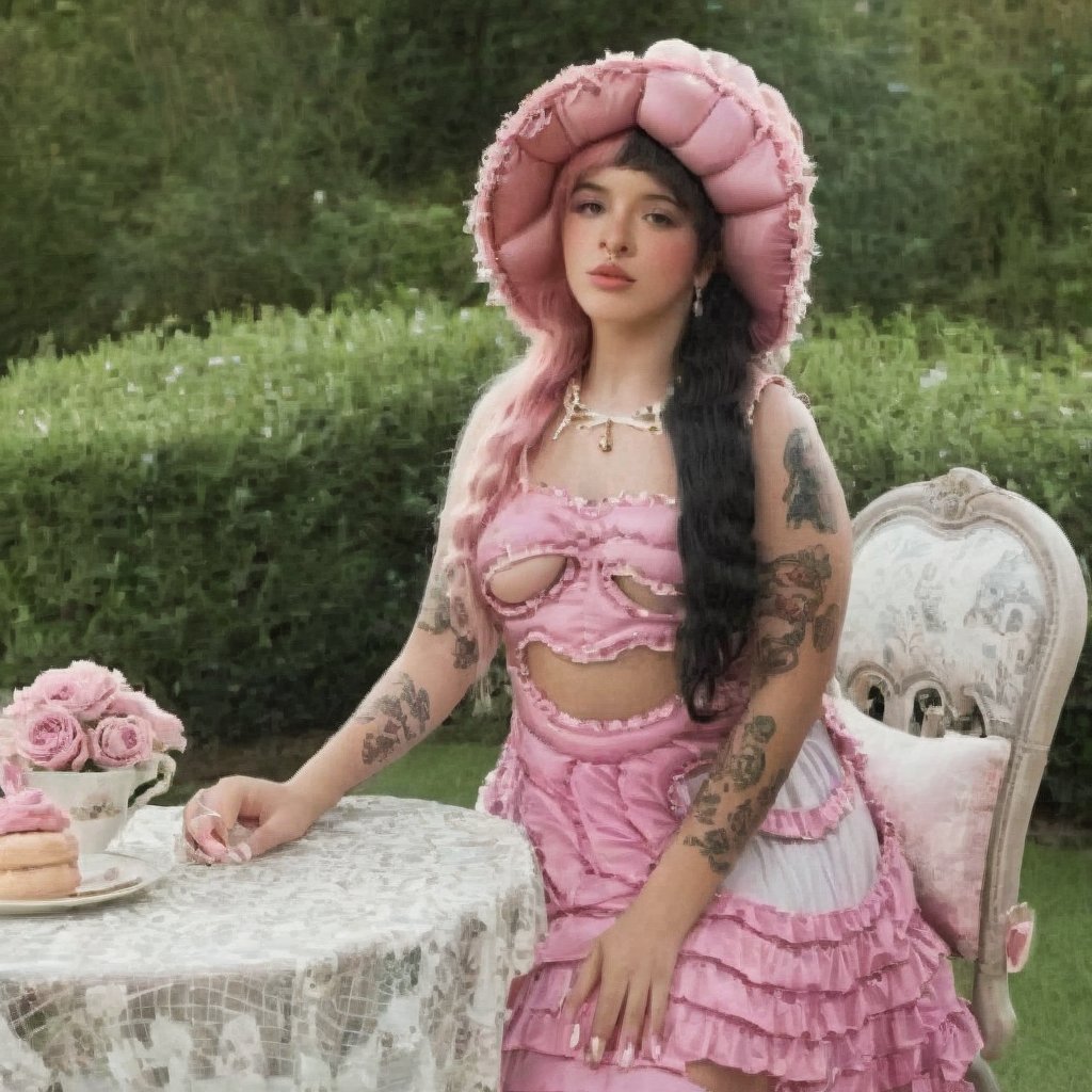 a girl who is sitting at a table ready for a tea hour, she along with the chairs and table is outside so in the background there is a beautiful garden with flowers, she wears a pink dress and a pink hat that matches her dress, the girl has fluffy pink and black hair ,black split dye, 4k, 18k, hairstyle, perfect face, After School, Melanie, Adele, Long hair, masterpiece high quality 18K, Hyperrealism, Realistic vision, rosy cheeks, realistic woman, a girl, Woman, best quality, woman, high quality, good lighting, A woman, with split hair, After School, girl, beauty, a girl who is sitting at a table ready for a tea hour, she along with the chairs and table is Outside, in the background there is a beautiful garden with flowers, she wears a pink dress and a pink hat that matches her dress, she has pink and black curly fluffy hair, black split dye, garden, tea time, elegant table , elegant chairs, elegant tea cups and roses, garden, flowers, bushes, pink, elegant, tea time in the garden