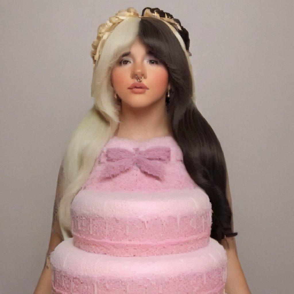 a girl who wears a pink swimsuit with several bows, she is in a world of cakes, therefore there are big cakes, cupcakes and sweets in the background, the girl has fluffy blonde and black hair in addition to having two small horns of the color of her hair on her head, black split dye, 4k, 18k, hairstyle, perfect face, After School, Melanie, Adele, Long hair, masterpiece high quality 18K, Hyperrealism, Realistic vision, rosy cheeks, realistic woman, a girl, Woman, best quality, woman, high quality, good lighting, A woman, with split hair, After School, girl, beauty, a girl who wears a pink swimsuit with several bows, she is in a world of cakes, therefore there are big cakes, cupcakes and sweets in the background, the girl has fluffy blonde and black hair in addition to having two small horns the color of her hair on her head, black split dye, the bakery, cake, cakes, strawberry shortcake, sweets, cupcakes, cupcake, sweets background, cake decoration, the bakery, the bakery, after school ep,Split dye hair,Black and  hair,Mullet hair,Bangs,hair horns,Black and blonde hair,hair horns 