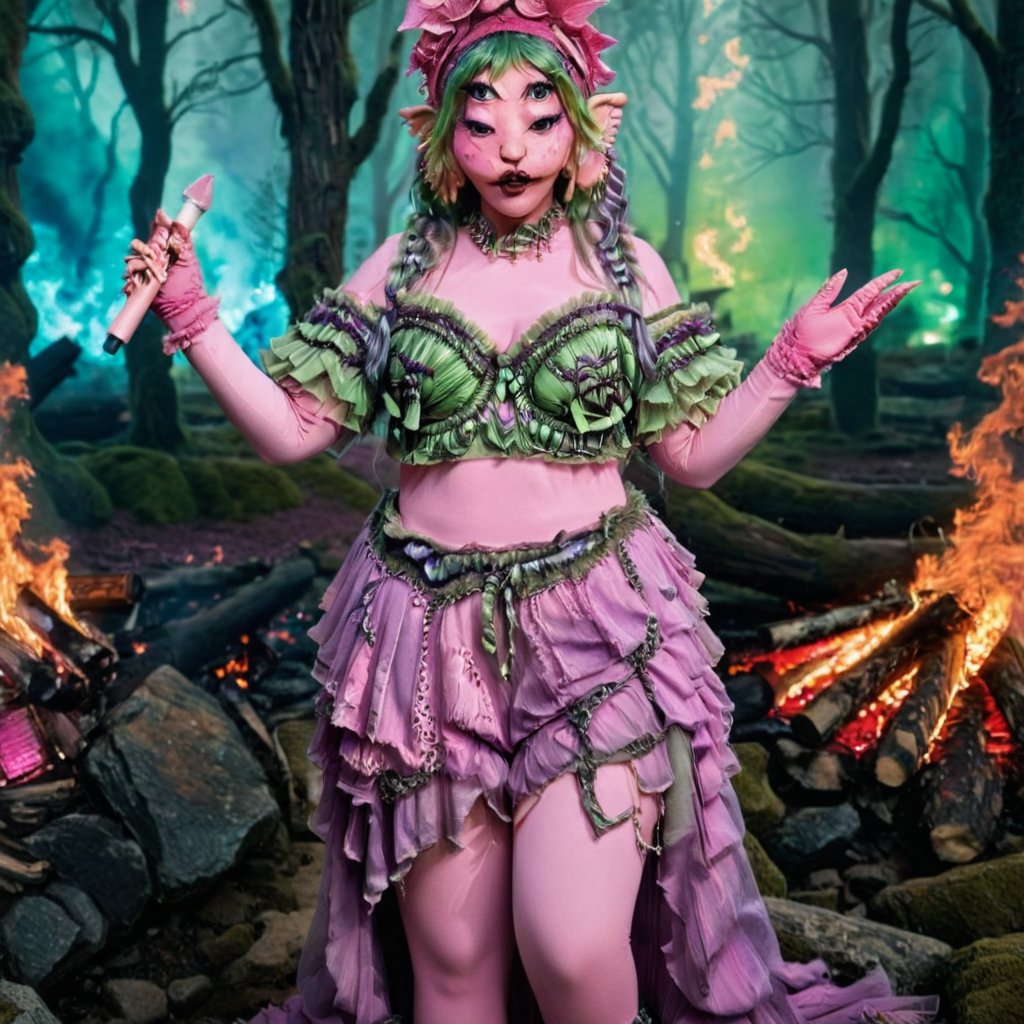 Pink and purple makeup, gorgeous makeup, standing in a fire forest, while fire in the background, fire forest, long train skirt, guitar00, fire00, forest00, pink skin, four eyes, Full body, wearing a pastel purple detailed crotchet outfit, a girl, silver green hair, cured and detailed outfit, her hair is long and wavy, her hair is long, 4k, 18k, hairstyle, perfect face, Melanie, Adele, Long hair, masterpiece high quality 18K, Hyperrealism, Realistic vision, rosy cheeks, realistic woman, a girl, Woman, best quality, woman, high quality, good lighting, A woman, fire00, Long hair, Pink skin, four eyes, Fancy, model, A woman, HIGH QUALITY, BIG QUALITY