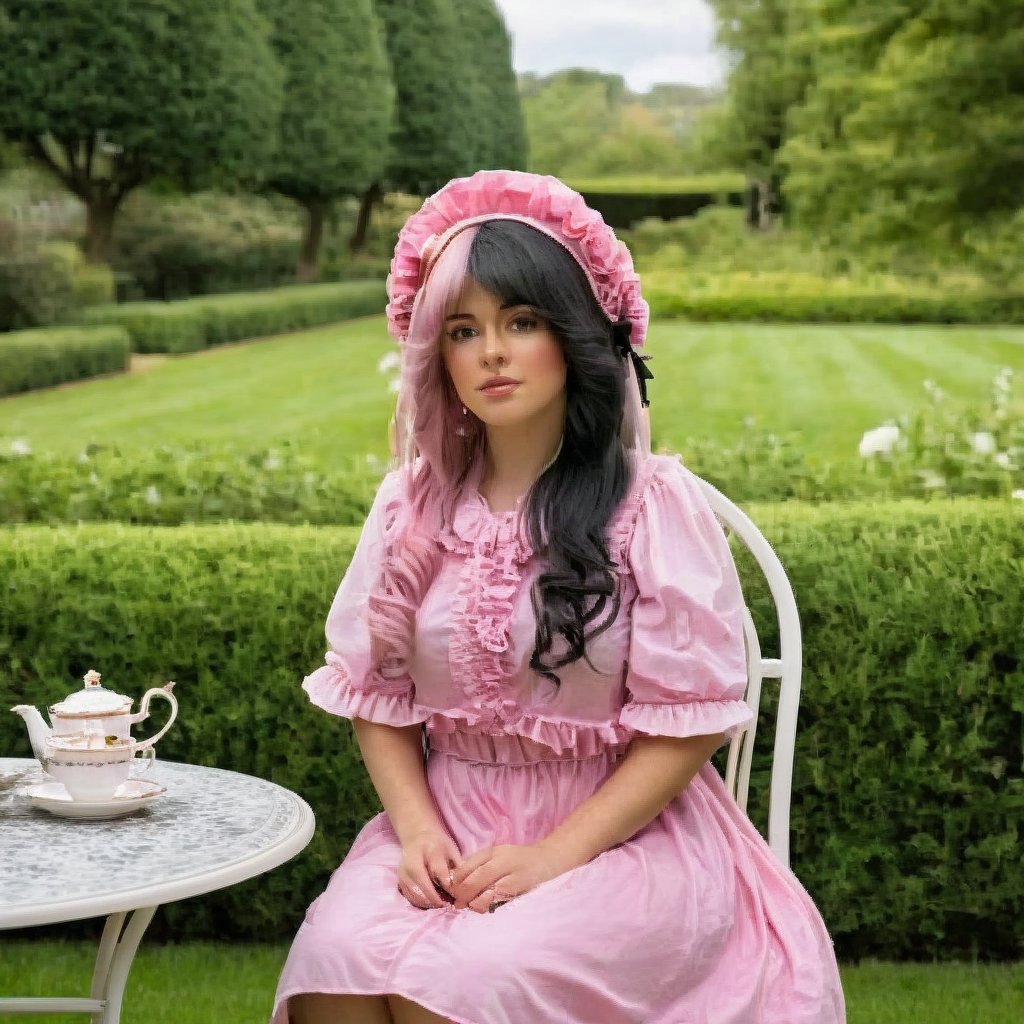 a girl who is sitting at a table ready for a tea hour, she along with the chairs and table is outside so in the background there is a beautiful garden with flowers, she wears a pink dress and a pink hat that matches her dress, the girl has fluffy pink and black hair ,black split dye, 4k, 18k, hairstyle, perfect face, After School, Melanie, Adele, Long hair, masterpiece high quality 18K, Hyperrealism, Realistic vision, rosy cheeks, realistic woman, a girl, Woman, best quality, woman, high quality, good lighting, A woman, with split hair, After School, girl, beauty, a girl who is sitting at a table ready for a tea hour, she along with the chairs and table is Outside, in the background there is a beautiful garden with flowers, she wears a pink dress and a pink hat that matches her dress, she has pink and black curly fluffy hair, black split dye, garden, tea time, elegant table , elegant chairs, elegant tea cups and roses, garden, flowers, bushes, pink, elegant, tea time in the garden