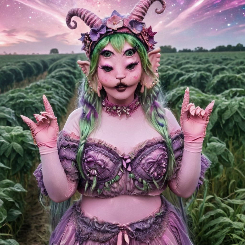 Pink and purple makeup, gorgeous makeup, Standing, in a field, long train skirt, galaxy00, pink skin, four eyes, Full body, wearing a pastel purple detailed crotchet hat with two small pastel purple crotchet horns, crotchet hat with small crotchet horns, a girl, silver green hair, cured and detailed outfit, her hair is long and wavy, her hair is long, 4k, 18k, hairstyle, perfect face, Melanie, Adele, Long hair, masterpiece high quality 18K, Hyperrealism, Realistic vision, rosy cheeks, realistic woman, a girl, Woman, best quality, woman, high quality, good lighting, A woman,galaxy00, Long hair, Pink skin, four eyes, Fancy, model, A woman