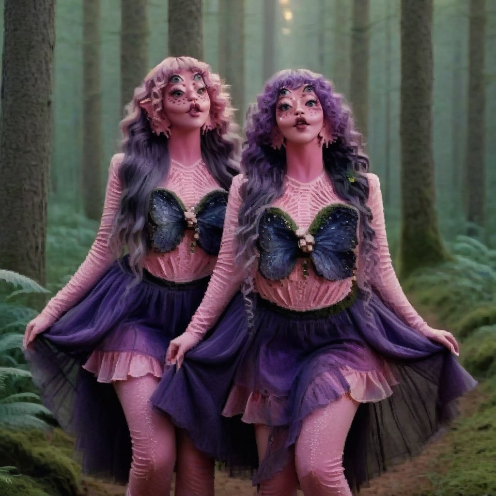 Prompt: Pink and purple makeup, gorgeous makeup, 3 girls in the middle of the forest, mushrooms, fairy dance, four eyes, Full body, dark pink short curly hair, cured and detailed outfit, her hair is long and wavy, her hair is long, 4k, 18k, hairstyle, perfect face, Melanie, Adele, Long hair, masterpiece high quality 18K, Hyperrealism, Realistic vision, rosy cheeks, realistic woman, a girl, Woman, best quality, woman, high quality, good lighting, A woman , fairy00, Long hair, Pink skin, four eyes, Fancy, model, A woman. Pink and purple makeup, gorgeous makeup, long train skirt, forest00, pink skin, four eyes, Full body, two girls, dark pink short curly hair, cured and detailed outfit, her hair is long and wavy, her hair is long, 4k , 18k, hairstyle, perfect face, Melanie, Adele, Long hair, masterpiece high quality 18K, Hyperrealism, Realistic vision, rosy cheeks, realistic woman, a girl, Woman, best quality, woman, high quality, good lighting, A woman, trio00, Long hair, Pink skin, four eyes, Fancy, model, A woman,Big Quality, Masterpiece, High Quality,Melanie Martinez, Beautiful, 3girls,4 eyes, Nymph, Pink Skin