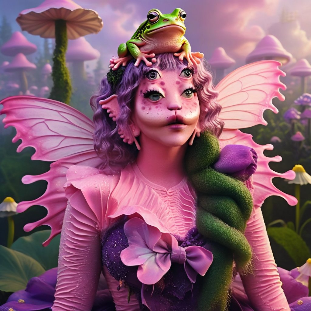 Pink and purple makeup, gorgeous makeup, a girl with fairy wings, she has a green frog in her hands, frog00, pink skin, four eyes, Full body, dark pink short curly hair, cured and detailed outfit, her hair is long and wavy, her hair is long, 4k, 18k, hairstyle, perfect face, Melanie, Adele, Long hair, masterpiece high quality 18K, Hyperrealism, Realistic vision, rosy cheeks, realistic woman, a girl, Woman, best quality, woman, high quality, good lighting, A woman, frog00, Long hair, Pink skin, four eyes , Fancy, model, A woman. Pink and purple makeup, gorgeous makeup, long train skirt, frog00, pink skin, four eyes, Full body, a girl, dark pink short curly hair, cured and detailed outfit, her hair is long and wavy, her hair is long, 4k , 18k, hairstyle, perfect face, Melanie, Adele, Long hair, masterpiece high quality 18K, Hyperrealism, Realistic vision, rosy cheeks, realistic woman, a girl, Woman, best quality, woman, high quality, good lighting, A woman, frog00, Long hair, Pink skin, four eyes, Fancy, model, A woman,Big Quality, Masterpiece, High Quality,Melanie Martinez, Beautiful, 1girl,4 eyes, Nymph, Pink Skin