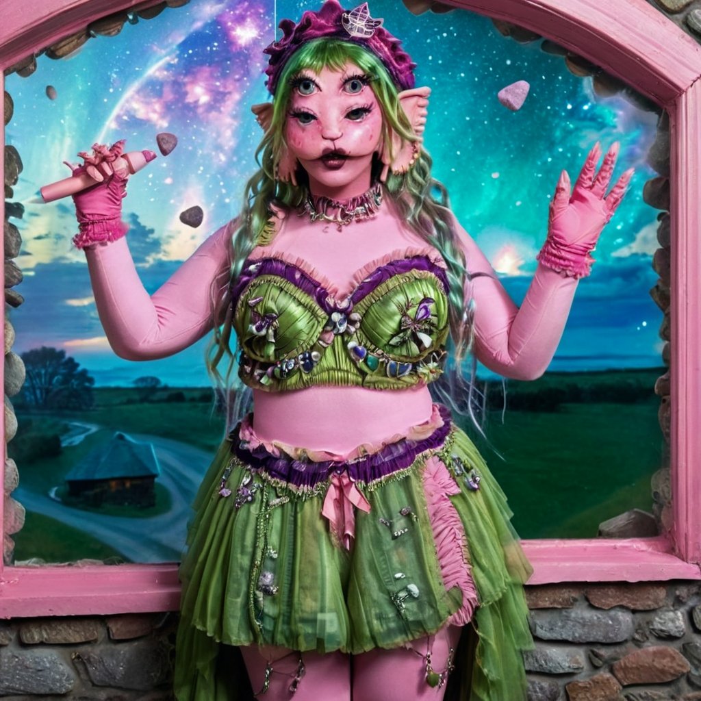 Pink and purple makeup, gorgeous makeup, A girl in front of the cottages window, throwing rocks out of the window, A girl in front of the cottages window, throwing rocks out of the window, High quality, long train skirt, galaxy00, pink skin, four eyes, Full body, a girl, silver green hair, cured and detailed outfit, her hair is long and wavy, her hair is long, 4k, 18k, hairstyle, perfect face, Melanie, Adele, Long hair, masterpiece high quality 18K, Hyperrealism, Realistic vision, rosy cheeks, realistic woman, a girl, Woman, best quality, woman, high quality, good lighting, A woman,galaxy00, Long hair, Pink skin, four eyes, Fancy , model, A woman