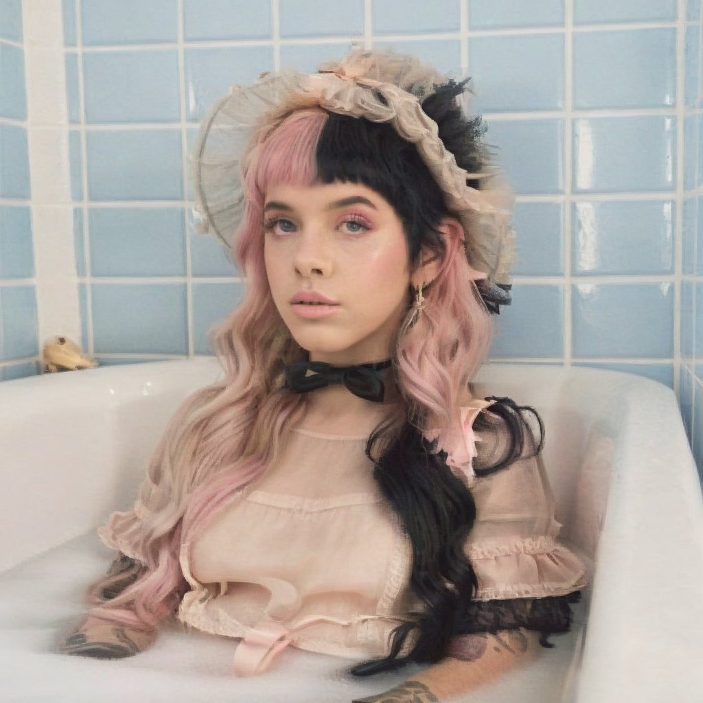 1girl, long straight split dye mullet hair with bangs, black and pink hair, light gray tulle frill shepherd's hat, bath, bathroom, a tub of water,  blue tiles, retro style, retro, retro colors, nose ring, brown eyes, cute face, long lashes, gold elements, lips dirty pink, black eyebrows, pale skin, high quality 18K, Hyperrealism, Realistic vision, rosy cheeks, freckles, high eyes quality, high face quality,Pink dress,Split dye hair,Pink and black split dye hair,Martinez,Adele,Melanie,Bows,Ribbons,High School Sweethearts,Hssh 