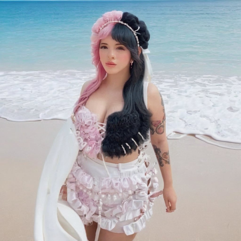 a girl who is entering the sea on a beach, she wears a beautiful long white dress with a white hat with pearls for decoration, the girl has fluffy pink hair black split dye, 4k, 18k, hairstyle, perfect face, After School, Melanie , Adele, Long hair, masterpiece high quality 18K, Hyperrealism, Realistic vision, rosy cheeks, realistic woman, a girl, Woman, best quality, woman, high quality, good lighting, A woman, with split hair, After School, girl, beauty, a girl who is entering the sea on a beach, the girl has fluffy, curly, black split dye pink and black hair, she has a big and beautiful white dress with a white hat, decorated with pearls, she even has a pearl in her right hand, sea, beach, pearls, white dress with pearls, white hat with pearls, pearls, pearls, mother of pearl, sea of ​​pearls