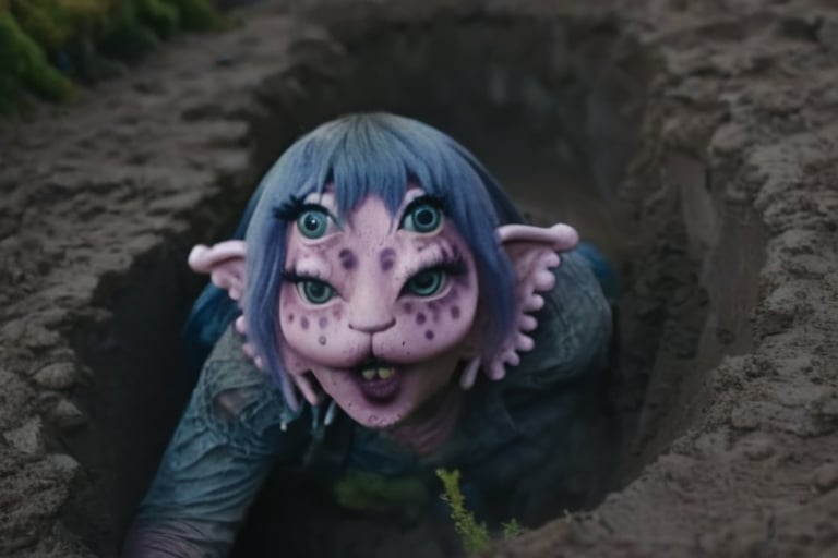 The 4 eyed alien creature   with pretty dark blue hair climbs out from a grave mud dust dirt all around her in a dark atmosphere
trees rocks behind her  