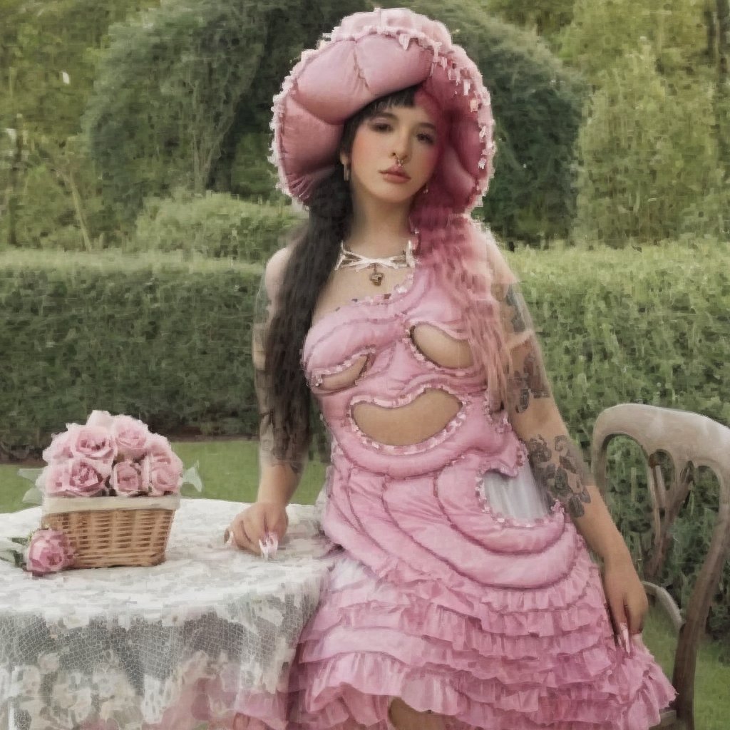 a girl who is sitting at a table ready for a tea hour, she along with the chairs and table is outside so in the background there is a beautiful garden with flowers, she wears a pink dress and a pink hat that matches her dress, the girl has fluffy pink and black hair ,black split dye, 4k, 18k, hairstyle, perfect face, After School, Melanie, Adele, Long hair, masterpiece high quality 18K, Hyperrealism, Realistic vision, rosy cheeks, realistic woman, a girl, Woman, best quality, woman, high quality, good lighting, A woman, with split hair, After School, girl, beauty, a girl who is sitting at a table ready for a tea hour, she along with the chairs and table is Outside, in the background there is a beautiful garden with flowers, she wears a pink dress and a pink hat that matches her dress, she has pink and black curly fluffy hair, black split dye, garden, tea time, elegant table , elegant chairs, elegant tea cups and roses, garden, flowers, bushes, pink, elegant, tea time in the garden