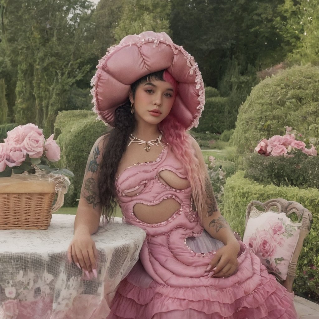 a girl who is sitting at a table ready for a tea hour, she along with the chairs and table is outside so in the background there is a beautiful garden with flowers, she wears a pink dress and a pink hat that matches her dress, the girl has fluffy pink and black hair ,black split dye, 4k, 18k, hairstyle, perfect face, After School, Melanie, Adele, Long hair, masterpiece high quality 18K, Hyperrealism, Realistic vision, rosy cheeks, realistic woman, a girl, Woman, best quality, woman, high quality, good lighting, A woman, with split hair, After School, girl, beauty, a girl who is sitting at a table ready for a tea hour, she along with the chairs and table is Outside, in the background there is a beautiful garden with flowers, she wears a pink dress and a pink hat that matches her dress, she has pink and black curly fluffy hair, black split dye, garden, tea time, elegant table , elegant chairs, elegant tea cups and roses, garden, flowers, bushes, pink, elegant, tea time in the garden