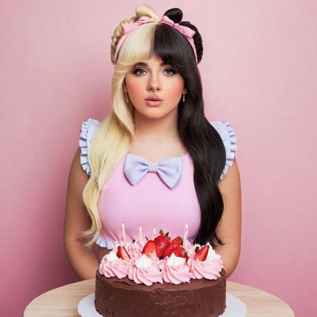 a girl who wears a pink swimsuit with several bows, she is in a world of cakes, therefore there are big cakes, cupcakes and sweets in the background, the girl has fluffy blonde and black hair in addition to having two small horns of the color of her hair on her head, black split dye, 4k, 18k, hairstyle, perfect face, After School, Melanie, Adele, Long hair, masterpiece high quality 18K, Hyperrealism, Realistic vision, rosy cheeks, realistic woman, a girl, Woman, best quality, woman, high quality, good lighting, A woman, with split hair, After School, girl, beauty, a girl who wears a pink swimsuit with several bows, she is in a world of cakes, therefore there are big cakes, cupcakes and sweets in the background, the girl has fluffy blonde and black hair in addition to having two small horns the color of her hair on her head, black split dye, the bakery, cake, cakes, strawberry shortcake, sweets, cupcakes, cupcake, sweets background, cake decoration, the bakery, the bakery, after school ep,Split dye hair,Black and  hair,Mullet hair,Bangs,hair horns,Black and blonde hair,hair horns 