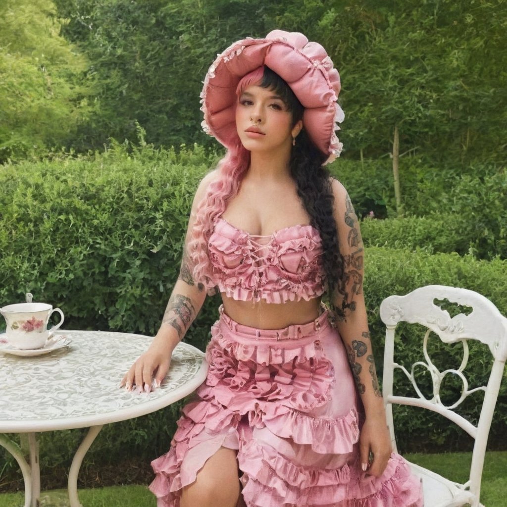 a girl who is sitting at a table ready for a tea hour, she along with the chairs and table is outside so in the background there is a beautiful garden with flowers, she wears a pink dress and a pink hat that matches her dress, the girl has fluffy pink and black hair ,black split dye, 4k, 18k, hairstyle, perfect face, After School, Melanie, Adele, Long hair, masterpiece high quality 18K, Hyperrealism, Realistic vision, rosy cheeks, realistic woman, a girl, Woman, best quality, woman, high quality, good lighting, A woman, with split hair, After School, girl, beauty, a girl who is sitting at a table ready for a tea hour, she along with the chairs and table is Outside, in the background there is a beautiful garden with flowers, she wears a pink dress and a pink hat that matches her dress, she has pink and black curly fluffy hair, black split dye, garden, tea time, elegant table , elegant chairs, elegant tea cups and roses, garden, flowers, bushes, pink, elegant, tea time in the garden