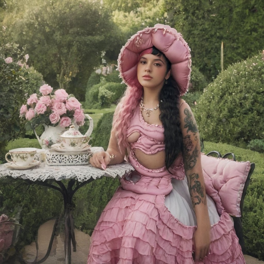 a girl who is sitting at a table ready for a tea hour, she along with the chairs and table is outside so in the background there is a beautiful garden with flowers, she wears a pink dress and a pink hat that matches her dress, the girl has fluffy pink and black hair ,black split dye, 4k, 18k, hairstyle, perfect face, After School, Melanie, Adele, Long hair, masterpiece high quality 18K, Hyperrealism, Realistic vision, rosy cheeks, realistic woman, a girl, Woman, best quality, woman, high quality, good lighting, A woman, with split hair, After School, girl, beauty, a girl who is sitting at a table ready for a tea hour, she along with the chairs and table is Outside, in the background there is a beautiful garden with flowers, she wears a pink dress and a pink hat that matches her dress, she has pink and black curly fluffy hair, black split dye, garden, tea time, elegant table , elegant chairs, elegant tea cups and roses, garden, flowers, bushes, pink, elegant, tea time in the garden