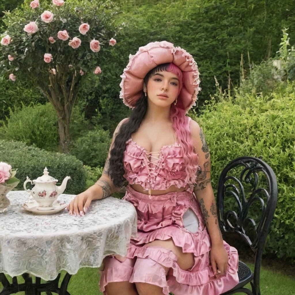 a girl who is sitting at a table ready for a tea hour, she along with the chairs and table is outside so in the background there is a beautiful garden with flowers, she wears a pink dress and a pink hat that matches her dress, the girl has fluffy pink and black hair ,black split dye, 4k, 18k, hairstyle, perfect face, After School, Melanie, Adele, Long hair, masterpiece high quality 18K, Hyperrealism, Realistic vision, rosy cheeks, realistic woman, a girl, Woman, best quality, woman, high quality, good lighting, A woman, with split hair, After School, girl, beauty, a girl who is sitting at a table ready for a tea hour, she along with the chairs and table is Outside, in the background there is a beautiful garden with flowers, she wears a pink dress and a pink hat that matches her dress, she has pink and black curly fluffy hair, black split dye, garden, tea time, elegant table , elegant chairs, elegant tea cups and roses, garden, flowers, bushes, pink, elegant, tea time in the garden