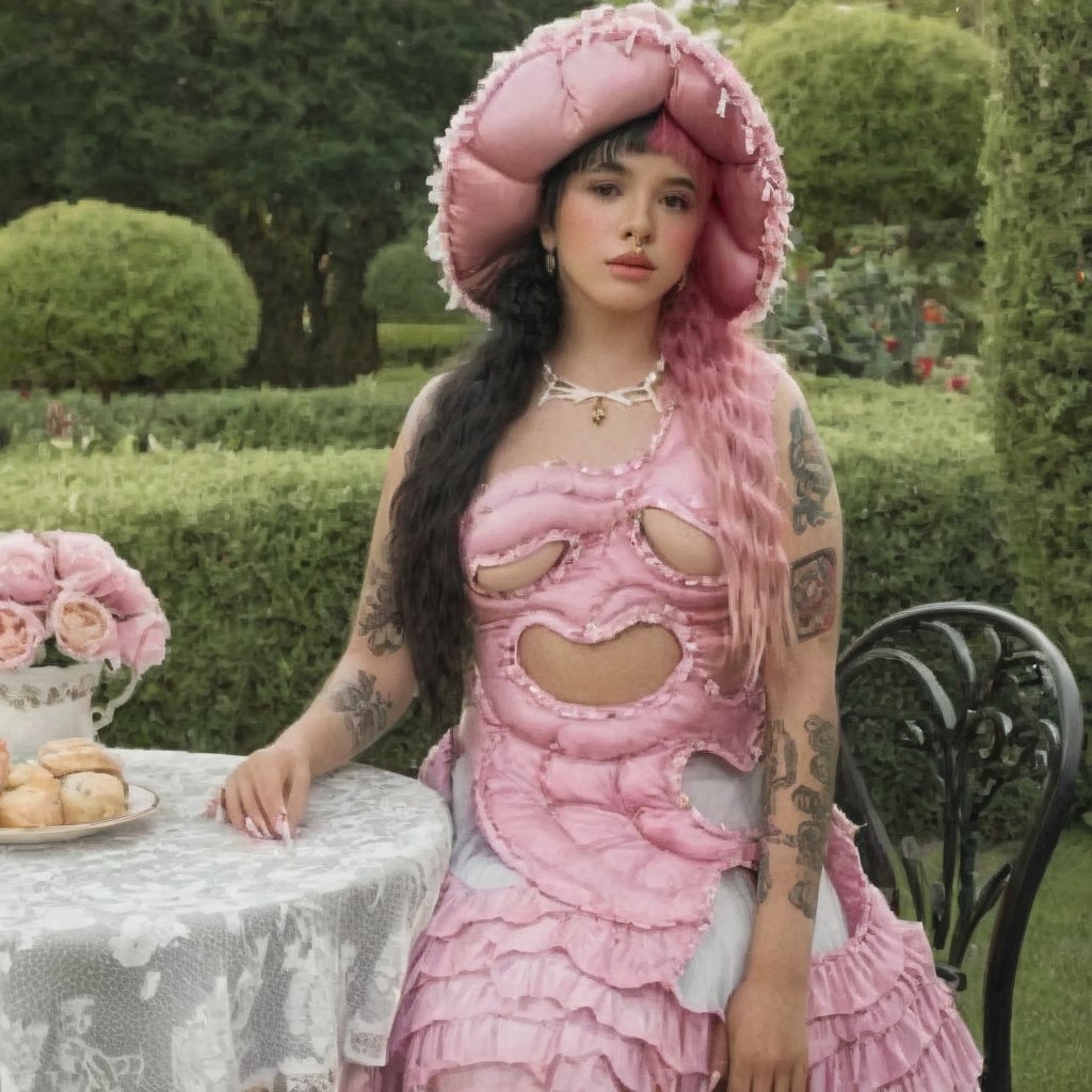 a girl who is sitting at a table ready for a tea hour, she along with the chairs and table is outside so in the background there is a beautiful garden with flowers, she wears a pink dress and a pink hat that matches her dress, the girl has fluffy pink and black hair ,black split dye, 4k, 18k, hairstyle, perfect face, After School, Melanie, Adele, Long hair, masterpiece high quality 18K, Hyperrealism, Realistic vision, rosy cheeks, realistic woman, a girl, Woman, best quality, woman, high quality, good lighting, A woman, with split hair, After School, girl, beauty, a girl who is sitting at a table ready for a tea hour, she along with the chairs and table is Outside, in the background there is a beautiful garden with flowers, she wears a pink dress and a pink hat that matches her dress, she has pink and black curly fluffy hair, black split dye, garden, tea time, elegant table , elegant chairs, elegant tea cups and roses, garden, flowers, bushes, pink, elegant, tea time in the garden