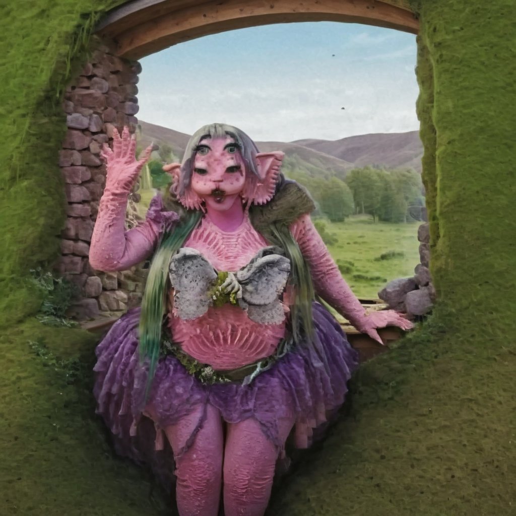 Pink and purple makeup, gorgeous makeup, A girl in front of the cottages window, throwing rocks out of the window, A girl in front of the cottages window, throwing rocks out of the window, High quality, long train skirt, galaxy00, pink skin, four eyes, Full body, a girl, silver green hair, cured and detailed outfit, her hair is long and wavy, her hair is long, 4k, 18k, hairstyle, perfect face, Melanie, Adele, Long hair, masterpiece high quality 18K, Hyperrealism, Realistic vision, rosy cheeks, realistic woman, a girl, Woman, best quality, woman, high quality, good lighting, A woman,galaxy00, Long hair, Pink skin, four eyes, Fancy , model, A woman