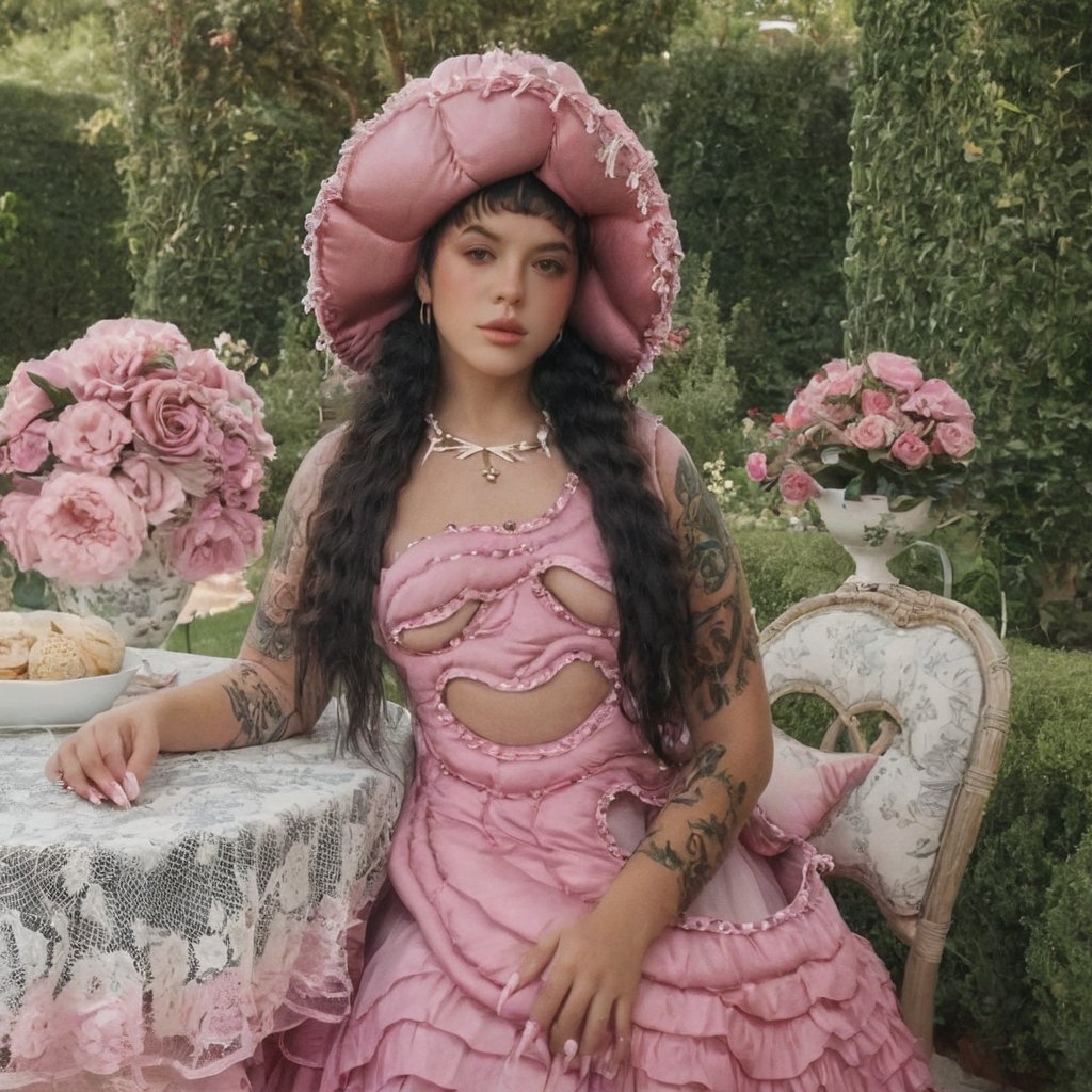 a girl who is sitting at a table ready for a tea hour, she along with the chairs and table is outside so in the background there is a beautiful garden with flowers, she wears a pink dress and a pink hat that matches her dress, the girl has fluffy pink and black hair ,black split dye, 4k, 18k, hairstyle, perfect face, After School, Melanie, Adele, Long hair, masterpiece high quality 18K, Hyperrealism, Realistic vision, rosy cheeks, realistic woman, a girl, Woman, best quality, woman, high quality, good lighting, A woman, with split hair, After School, girl, beauty, a girl who is sitting at a table ready for a tea hour, she along with the chairs and table is Outside, in the background there is a beautiful garden with flowers, she wears a pink dress and a pink hat that matches her dress, she has pink and black curly fluffy hair, black split dye, garden, tea time, elegant table , elegant chairs, elegant tea cups and roses, garden, flowers, bushes, pink, elegant, tea time in the garden