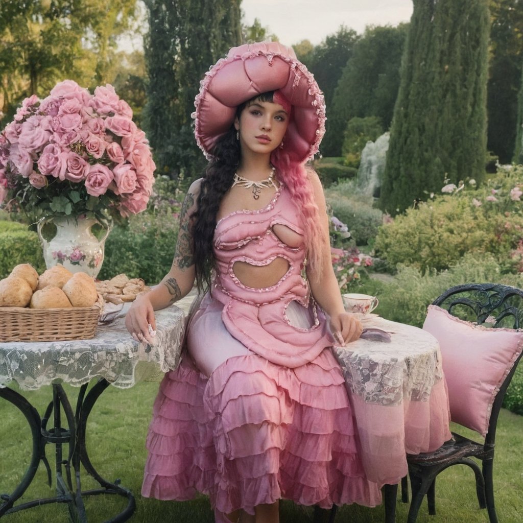 a girl who is sitting at a table ready for a tea hour, she along with the chairs and table is outside so in the background there is a beautiful garden with flowers, she wears a pink dress and a pink hat that matches her dress, the girl has fluffy pink and black hair ,black split dye, 4k, 18k, hairstyle, perfect face, After School, Melanie, Adele, Long hair, masterpiece high quality 18K, Hyperrealism, Realistic vision, rosy cheeks, realistic woman, a girl, Woman, best quality, woman, high quality, good lighting, A woman, with split hair, After School, girl, beauty, a girl who is sitting at a table ready for a tea hour, she along with the chairs and table is Outside, in the background there is a beautiful garden with flowers, she wears a pink dress and a pink hat that matches her dress, she has pink and black curly fluffy hair, black split dye, garden, tea time, elegant table , elegant chairs, elegant tea cups and roses, garden, flowers, bushes, pink, elegant, tea time in the garden