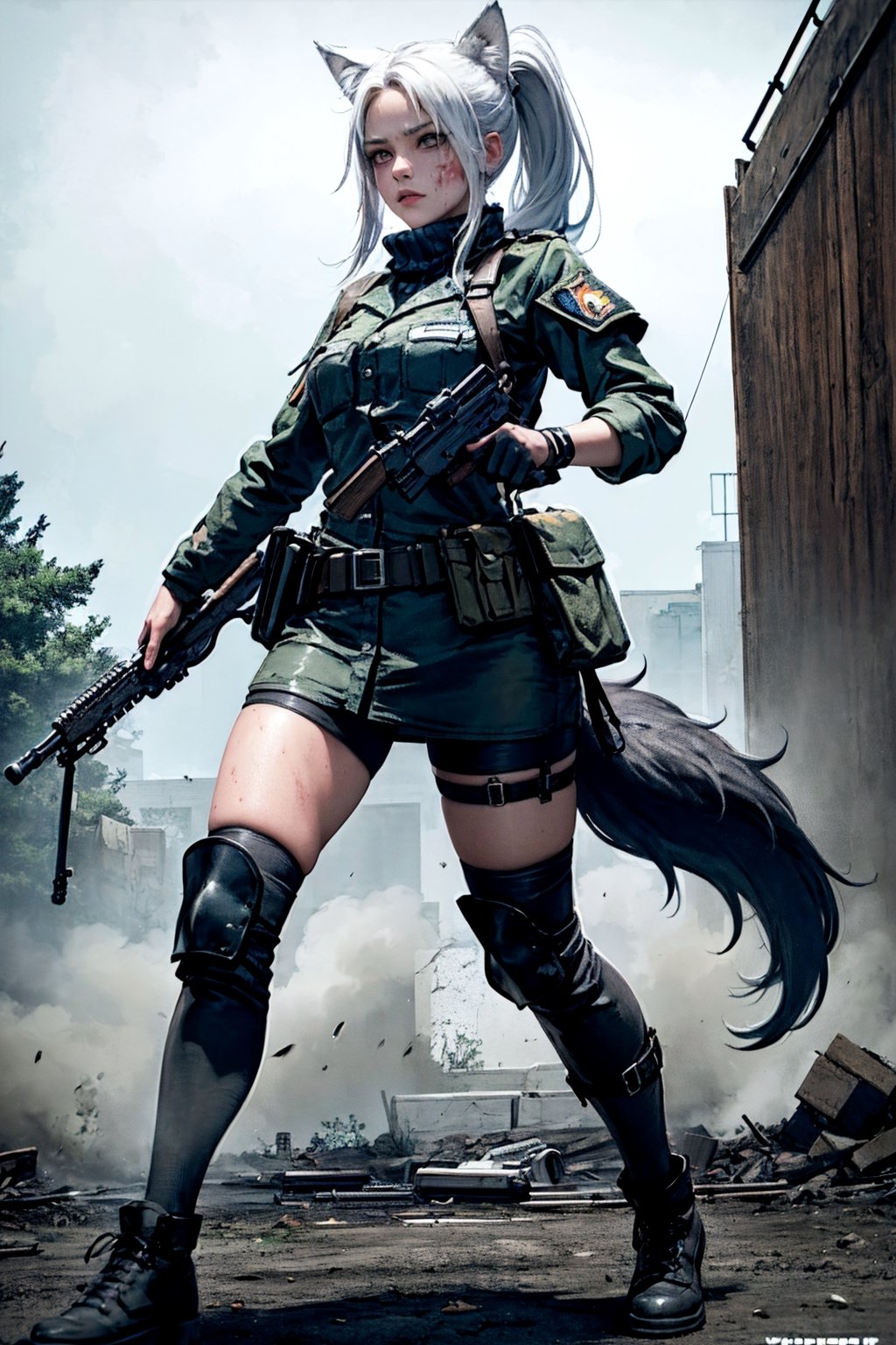 
1girl, serious woman, assisted exposure, white hair, ponytail, gray_eyes, bloodied, muffler, (modern military outfit), black_body armor, fullbody, war, battlegrounds, firearms, combat, firearms, wolf_ears, Fluffy Wolf_tail