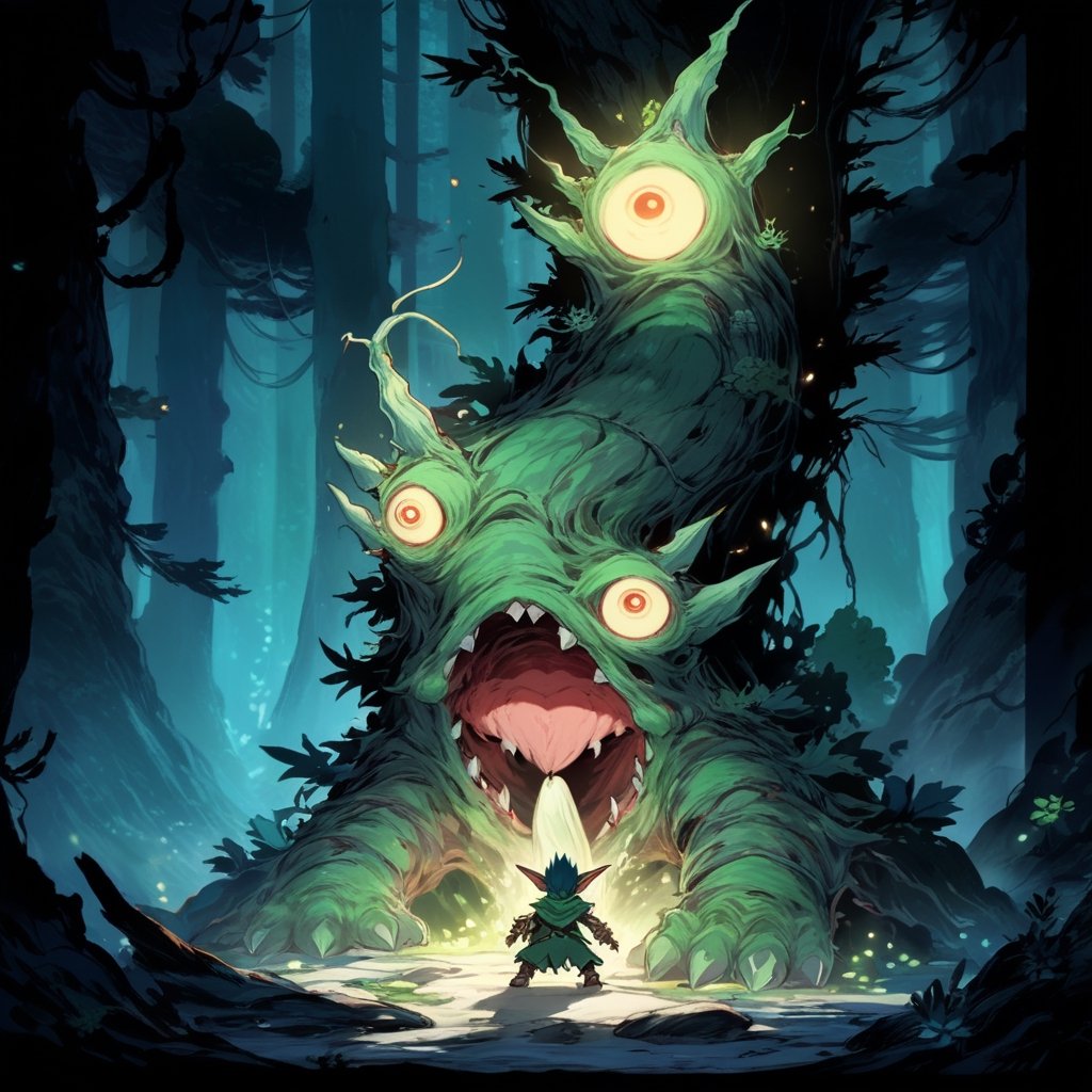 masterpiece, dramatic scene concept art, a cute thin pine trunk monster with elf ear, pines trunk shapped, dynamic pose, dynamic background, the art of kazuki takahashi,GLOWING