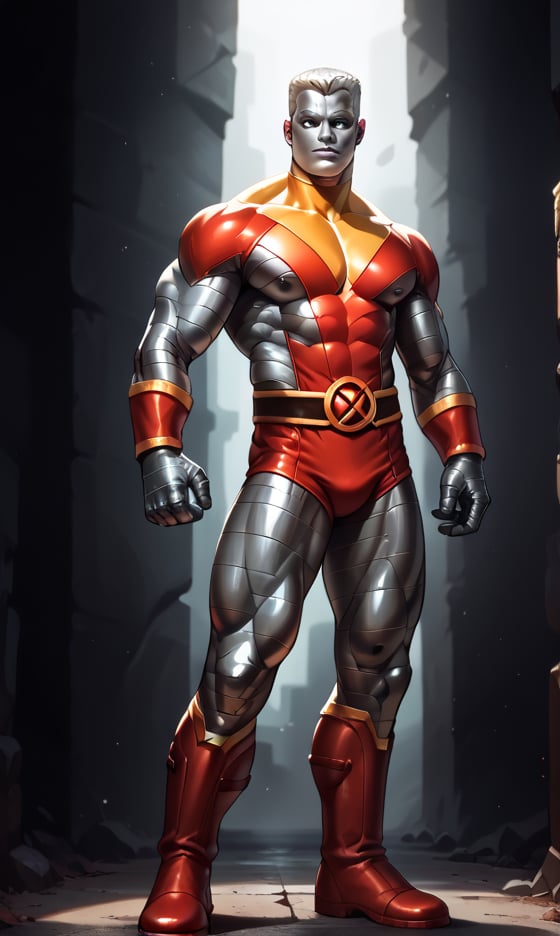 score_9, score_8_up, score_7_up, score_6_up, ((agressivly walking towards the viewer)), ((hero suit)), (Classic costume),shaded, detailed face, detailed shading, detailed skin, shaded skin, realistic shading, perfect hands, perfect face, perfect anatomy, countershading:1.1, 1boy, solo, male focus, x_colossus, grey metal skin, ((black metal flat top, high fade)) (((white sclera))), muscular, Full Body,