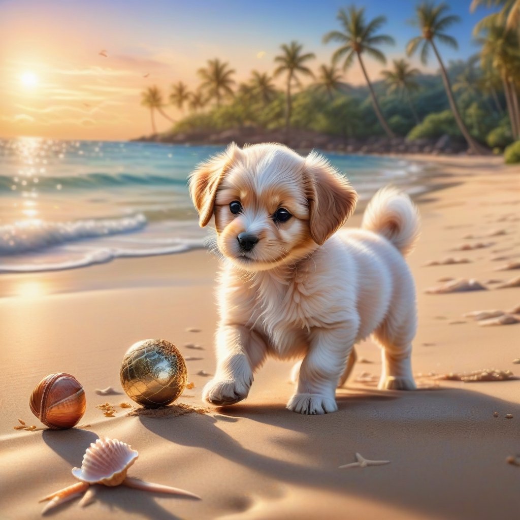 ((ultra realistic photo)), artistic sketch art, Make a DETAILED pencil sketch of a cute little FLUFFY PUPPY PLAYING WITH A BALL, (art, DETAILED textures, pure perfection, hIgh definition), detailed beach around , tiny delicate sea-shell, little delicate starfish, sea ,(very detailed TROPICAL hawaiian BAY BACKGROUND, SEA SHORE, PALM TREES, DETAILED LANDSCAPE, COLORFUL) (GOLDEN HOUR LIGHTING), delicate coral, sand piles