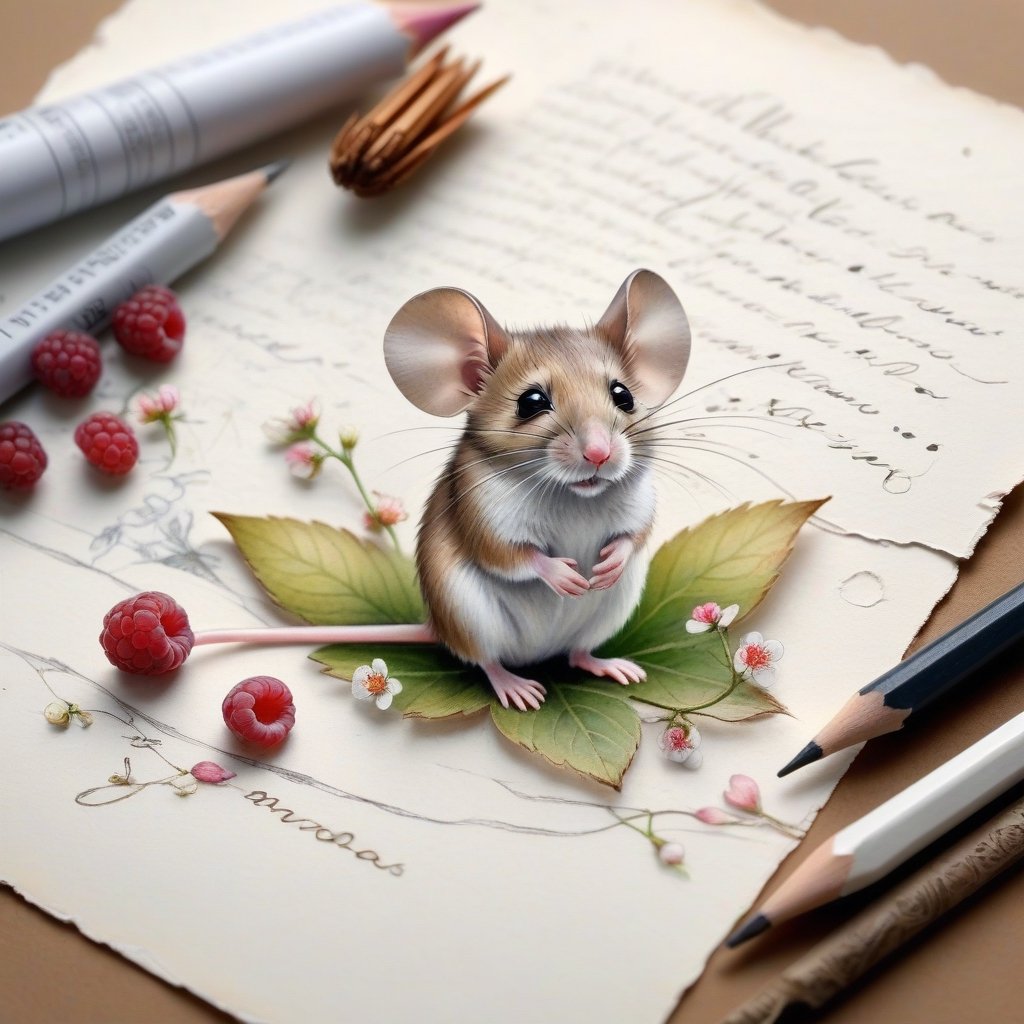 ((ultra realistic photo)), artistic sketch art, Make a little WHITE LINE pencil sketch of a cute tiny MOUSE on an old TORN EDGE PIECE OF PAPER , art, textures, pure perfection, high definition, LITTLE FRUITS, butterfly,wild berries,berry, DELICATE FLOWERS ,grass blades AROUND, flower petals on the paper, little calligraphy text all over, little drawings, text: "mouse", text. ,BookScenic,art_booster