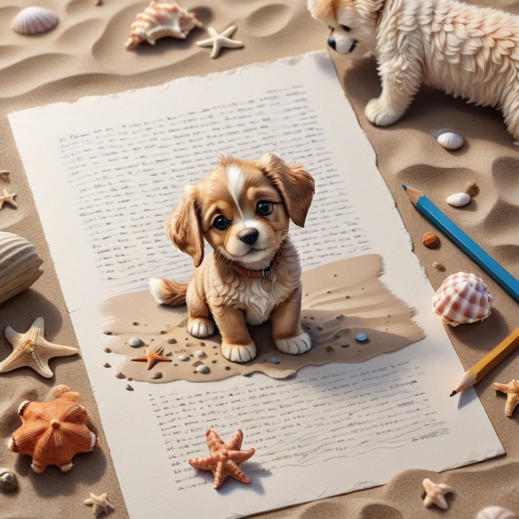 ((ultra realistic photo)), artistic sketch art, Make a DETAILED pencil sketch of a cute little FLUFFY PUPPY on a torn edge LETTER on the sand ( WITH LITTLE DRAWINGS AND TEXTS, art, DETAILED textures, pure perfection, hIgh definition), detailed beach around THE PAPER, tiny delicate sea-shell, little delicate starfish, sea ,TROPICAL BAY BACKGROUND, delicate coral, sand pile on the paper,little calligraphy texts, little drawings on the paper,, text: "puppy", text. ,BookScenic,art_booster,disney pixar style,LegendDarkFantasy,anthro