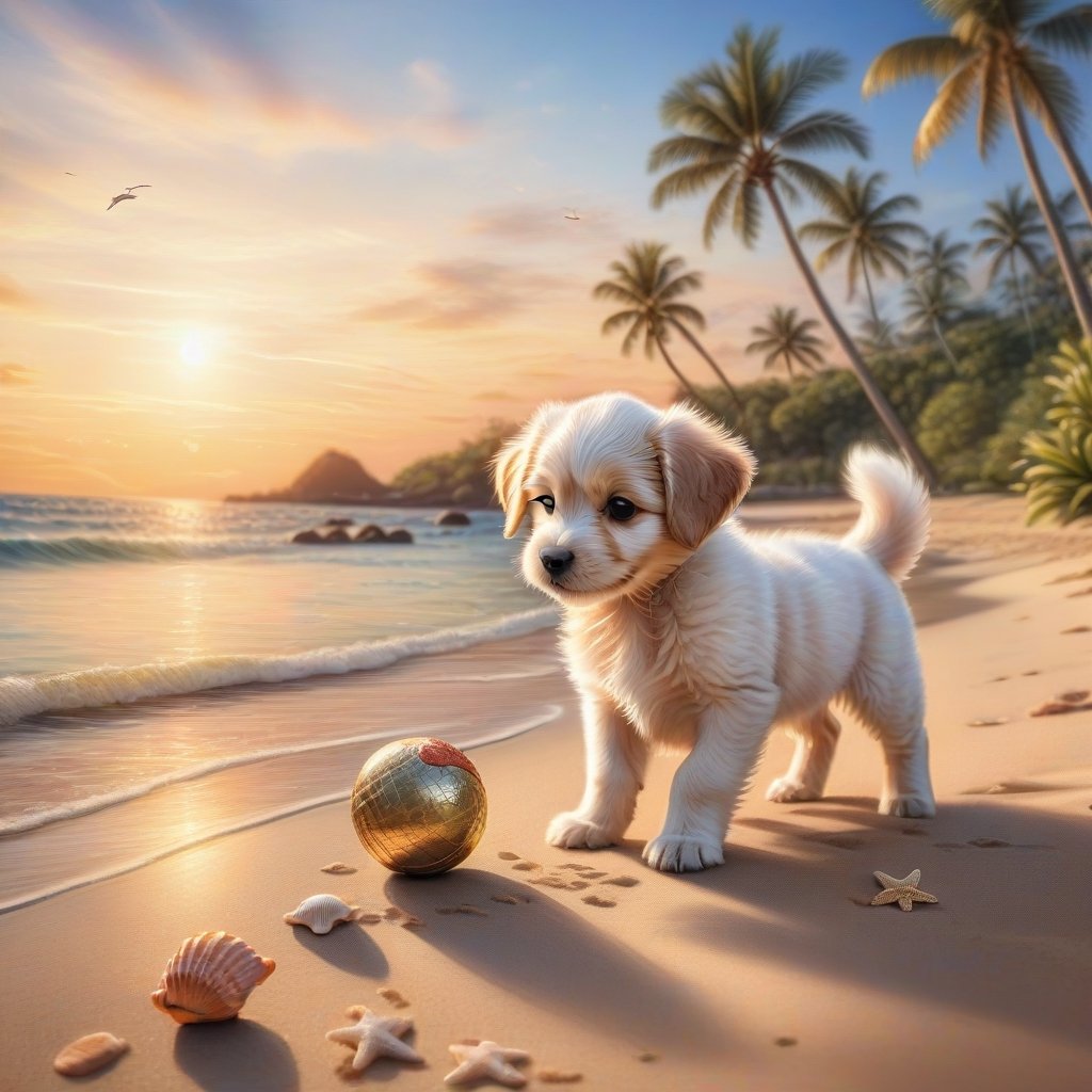 ((ultra realistic photo)), artistic sketch art, Make a DETAILED pencil sketch of a cute little FLUFFY PUPPY PLAYING WITH A BALL, (art, DETAILED textures, pure perfection, hIgh definition), detailed beach around , tiny delicate sea-shell, little delicate starfish, sea ,(very detailed TROPICAL hawaiian BAY BACKGROUND, SEA SHORE, PALM TREES, DETAILED LANDSCAPE, COLORFUL) (GOLDEN HOUR LIGHTING), delicate coral, sand piles