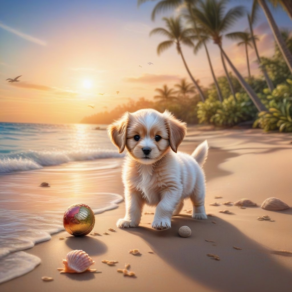 ((ultra realistic photo)), artistic sketch art, Make a DETAILED pencil sketch of a cute little FLUFFY PUPPY PLAYING WITH A BALL, (art, DETAILED textures, pure perfection, hIgh definition), detailed beach around , tiny delicate sea-shell, little delicate starfish, sea ,(very detailed TROPICAL hawaiian BAY BACKGROUND, SEA SHORE, PALM TREES, DETAILED LANDSCAPE, COLORFUL) (GOLDEN HOUR LIGHTING), delicate coral, sand piles